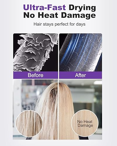 Miniatura 10 de 7MAGIC Secador de pelo, motor sin escobillas de 11,0000 RPM para secado rápido, secadora de alta velocidad de 1400 W con anillo de luz LED tricolor,