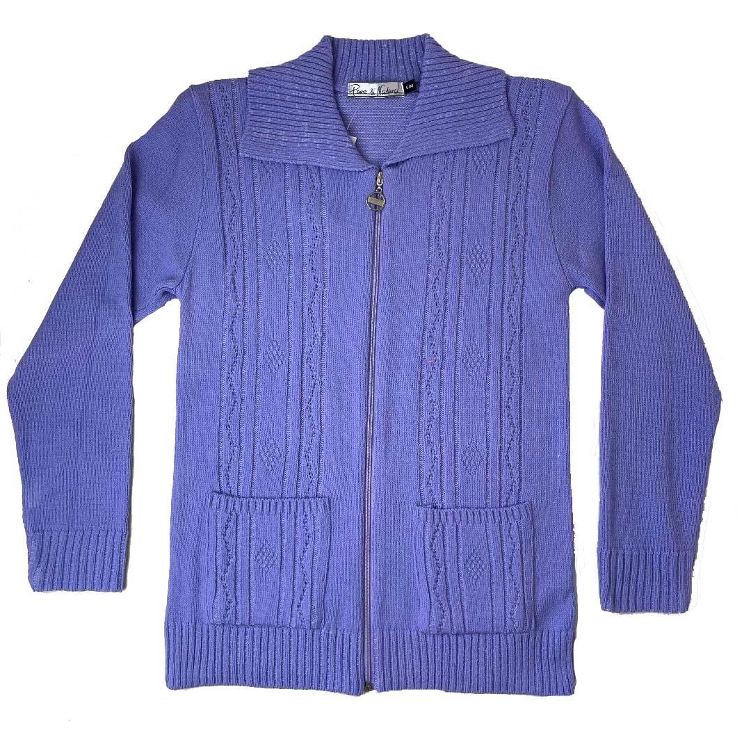 F & S Ltd Women's Lilac Pattern Knitted Cardigan Zip Up Closure With Pockets Size S-Xl (, S-M)