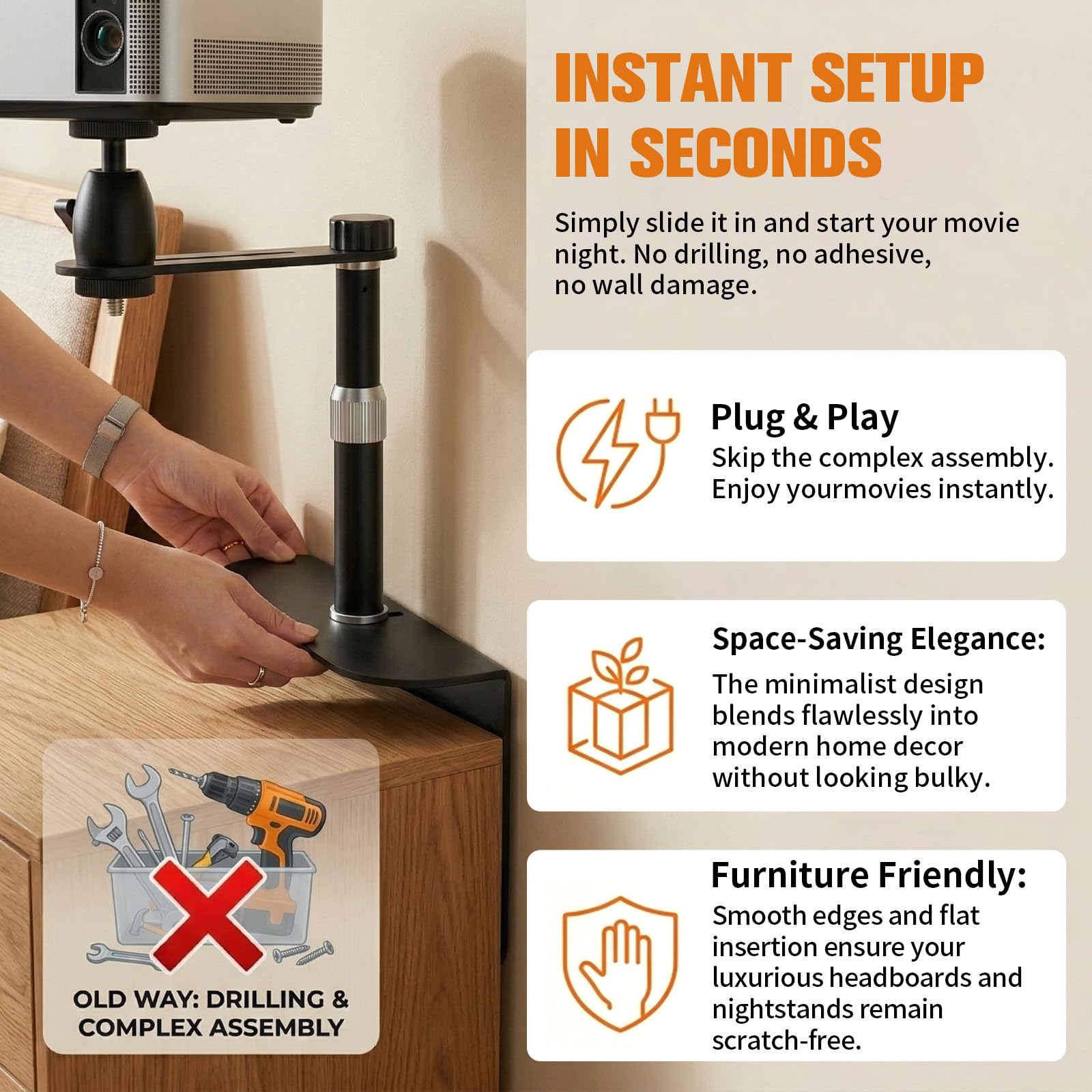 Soporte para proyector para cama y sofá – Estabilidad mejorada para proyectores pesados, diseño oculto con trineo de avance, compatible con XGIMI, Nebula, (altura ajustable 14-37,35 cm)
