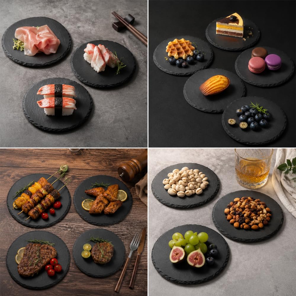 6 piatti in ardesia rotondi, 15 x 15 cm, piccoli, antiscivolo, per servire e scrivere, piatti per buffet, sushi e formaggio