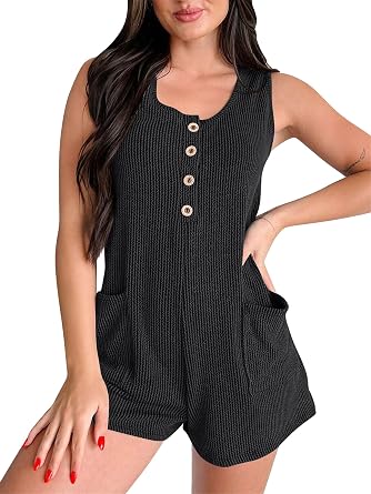 Womens Sleeveless Button Front Romper, Textured Cotton Blend, Casual Fit with Pockets