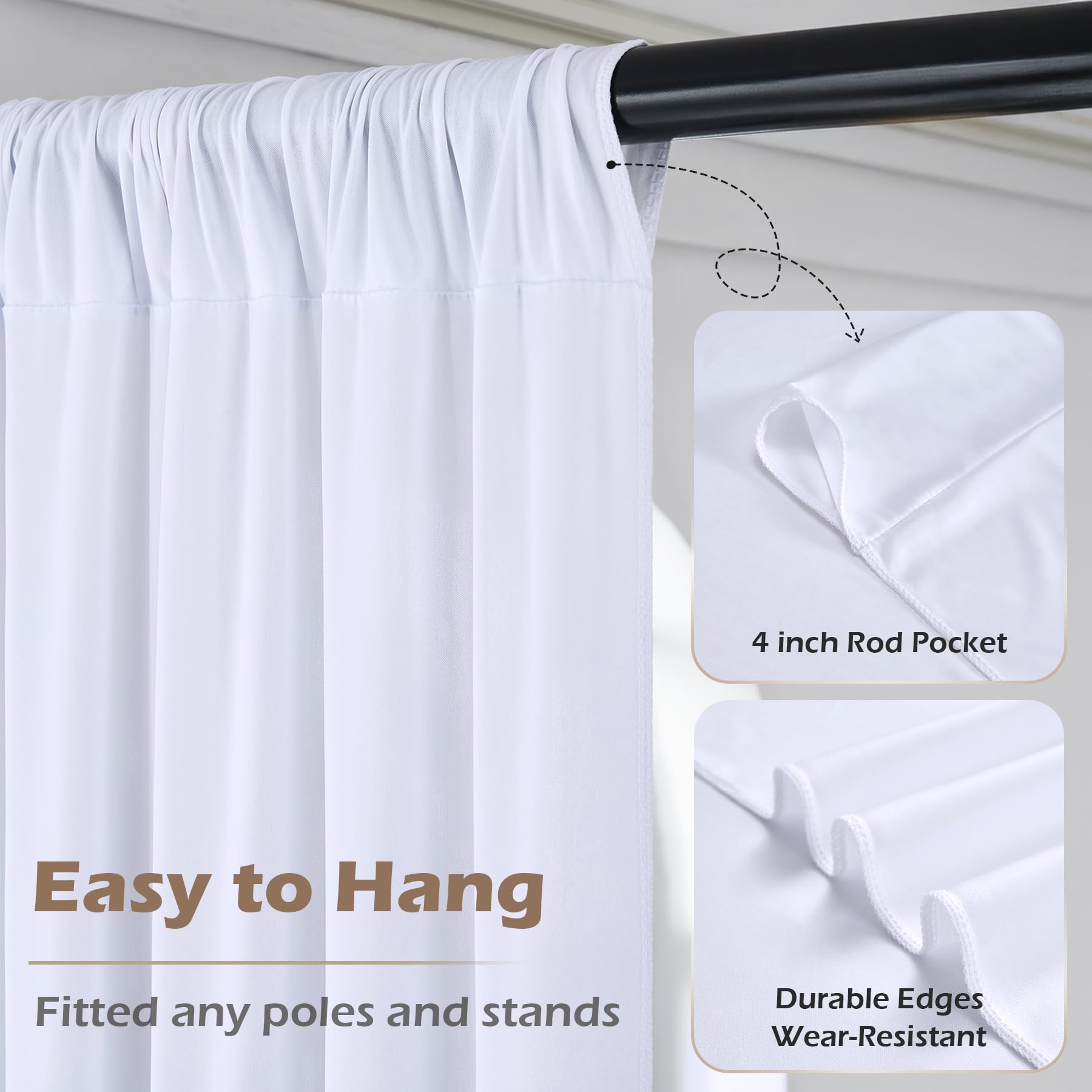 9 m x 2,4 m - Rideaux de Fond Blanc sans Plis pour fêtes de Mariage, 6 Panneaux de 1,5 x 3 m - Polyester Soyeux Doux - Blanc - Arrière-Plan Photo - Tissu arrière - pour Anniversaire, Noël