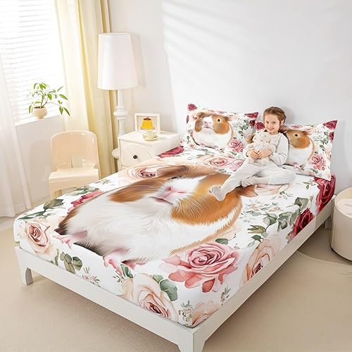 Miniatura 2 de Erosebridal Juego de sábanas de conejillo de indias para niños y niñas, sábana bajera de rosas rojas, juego de ropa de cama de animales lindos,
