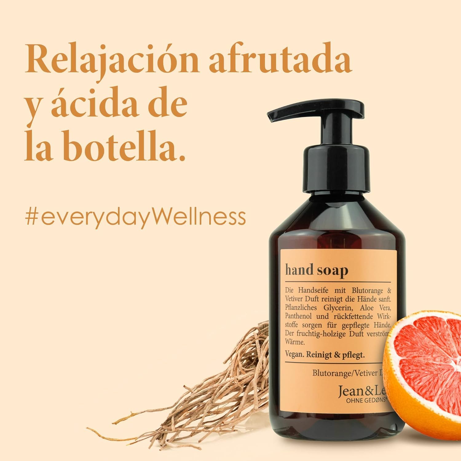 Jabón líquido para manos Jean & Len de naranja sanguina y vetiver, en set, limpia suavemente las manos, jabón líquido en dispensador con bomba, aroma afrutado, sin parabenos, vegano, 6 x 250 ml