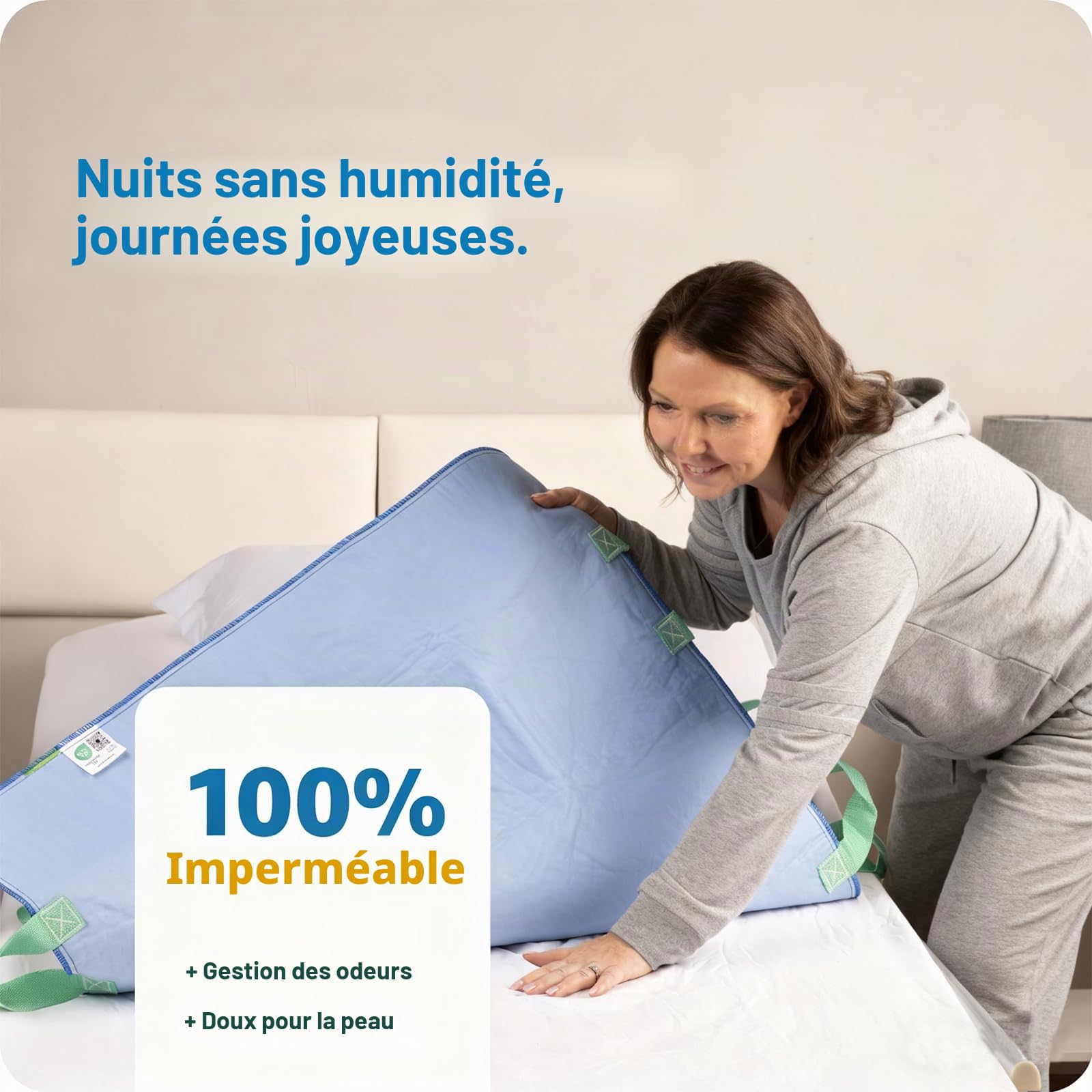 Alèse Imperméable avec 8 Poignées Renforcées, Séchage Rapide 10 Min, Lavable, Absorption 12 oz, pour Personnes Âgées et Incontinentes, 86x132cm