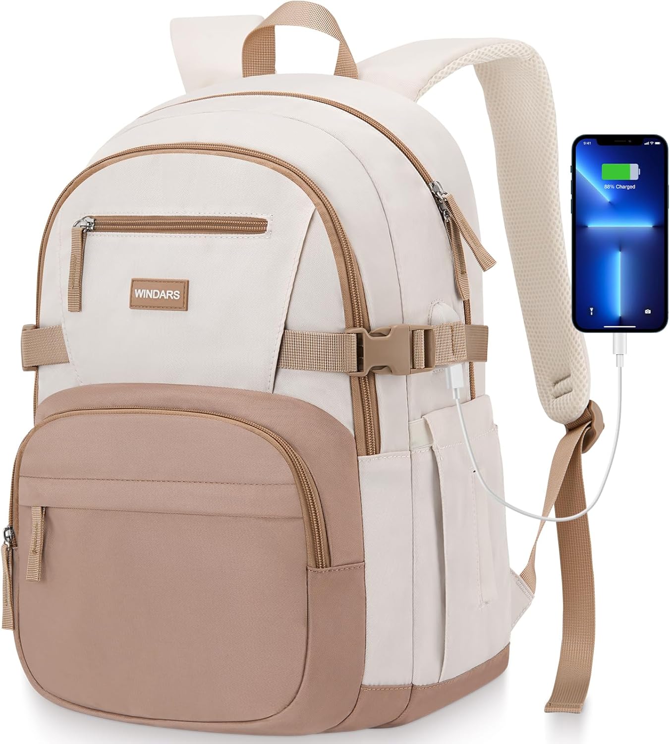 WINDARS Backpack for School Girls, Cute High School Backpacks for Teens Women Student Large Bookbag 15.6 Inch Laptop Bag with USB Charger Port for College Work Travel Trip (Beige Khaki)