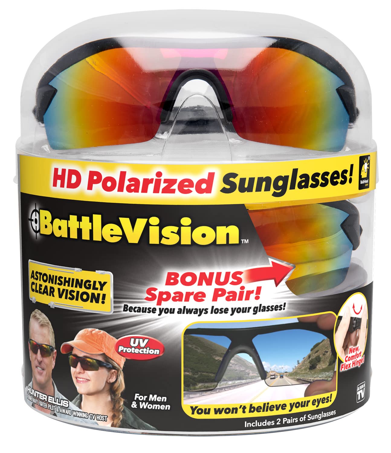 BattleVision SunglassesAs Seen on TV BattleVision HD Polarized Sunglasses 2 Pairs, Eliminates Glare, Optimize Light & Block Blue Rays, Unisex
