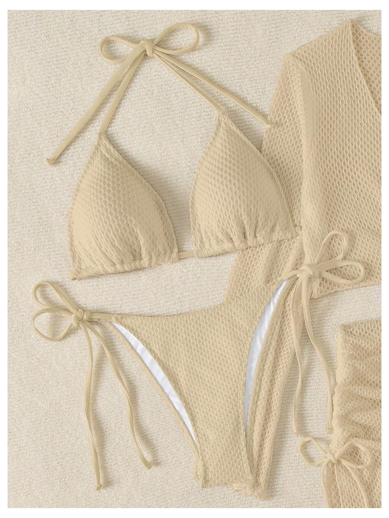 Damski 4-częściowy zestaw bikini kabaretki wiązany boczny strój kąpielowy ściągana spódnica plażowa z wyciętymi okryciami morelowy duży
