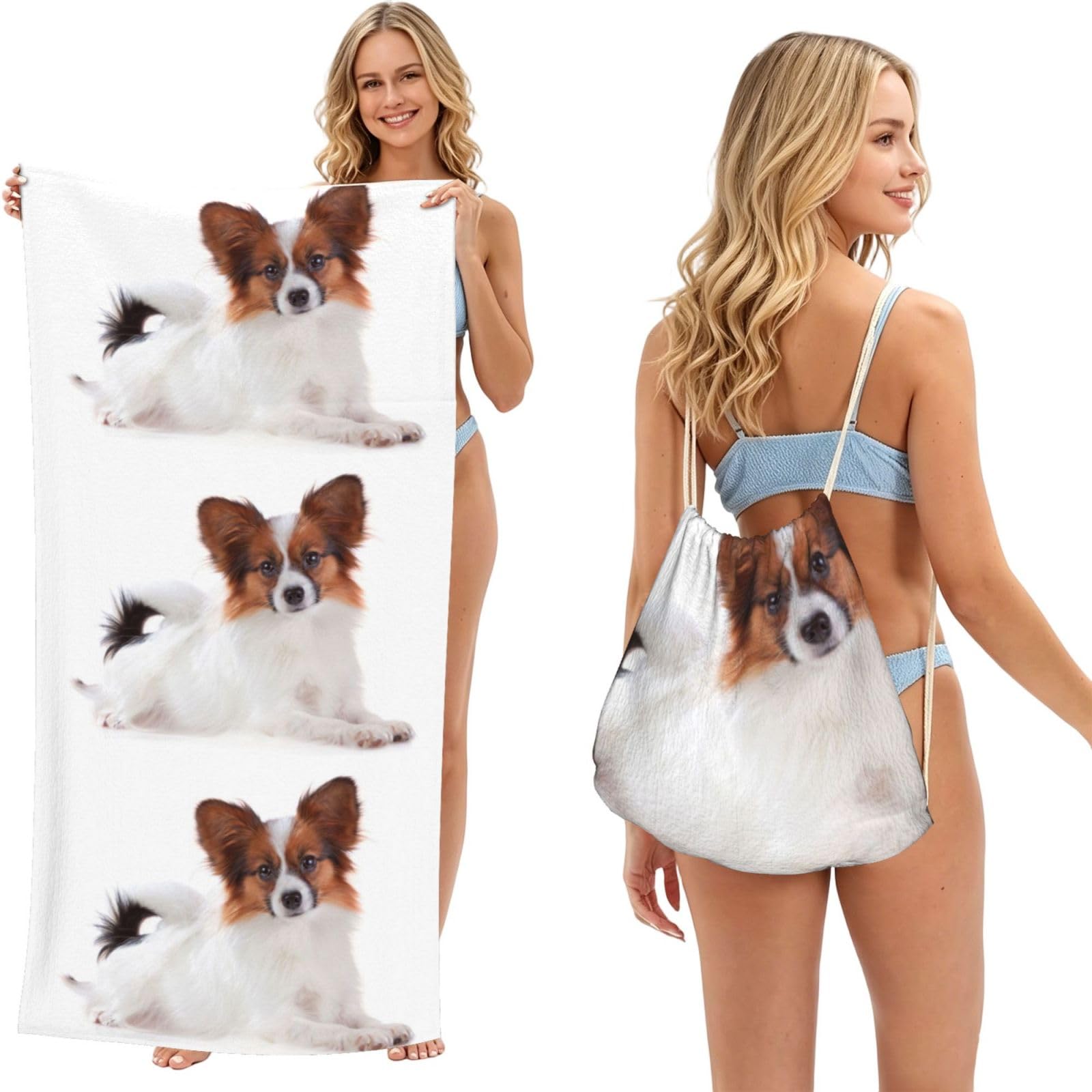 Poadnly As Picture Fluffy Papillon Dog, 2 In 1 Packable Towel Bag, Beach Towels With Drawstring Backpack For Travel Holiday Camping