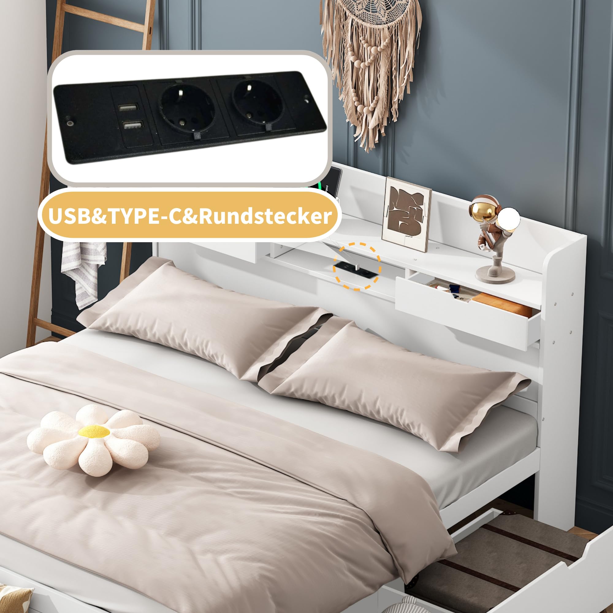Lubvtti cama acolchada con puerto USB y cajones, cama matrimonial con baúl 140 x 200 cm, cabecero con almacenamiento, marco 140 x 200 cm, blanco