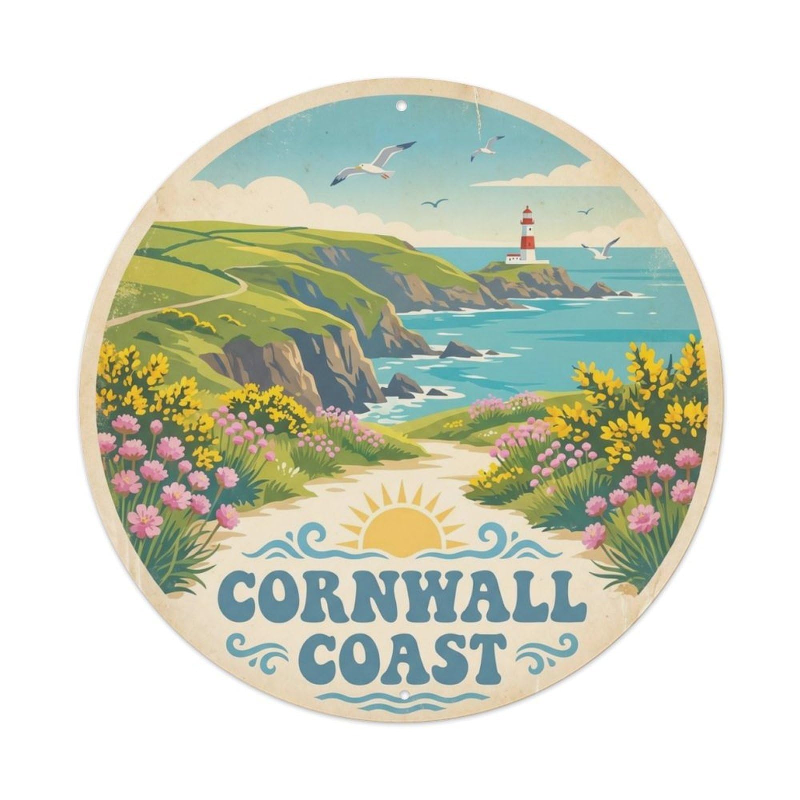 Vintage Travel Cornwall Coastal Flowers Metal Tin Sign Plaque Wall Decor for Cafe, Club Bar, Office, Home Garden Round Metal Poster 8x8Inch
