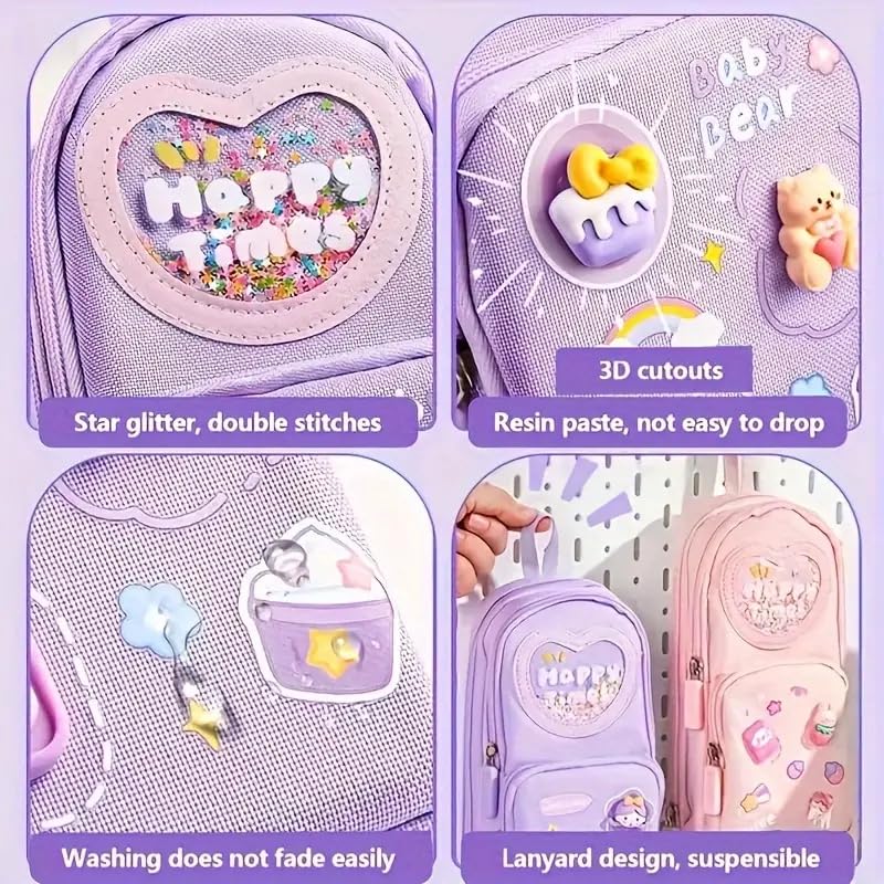 Image of Invite Enterprise Polyester Kawaii Pencil Case - 3 Compartment Aesthetic for Girls, Large Multifunctional Stationery Organizer for School Office (Happy Time Purple)