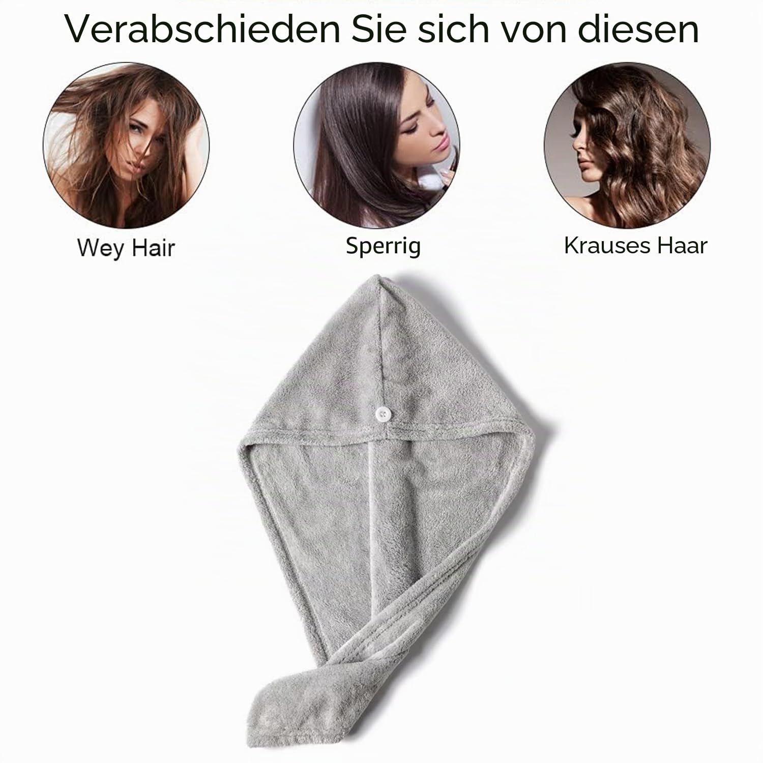 Mikrofaser Haarturban Turban Handtuch mit Knopf Schnelltrocknend Haarhandtuch Haar Handtuch Kopfhandtuch Microfibre Hair Towel für Alle Haartypen Grau