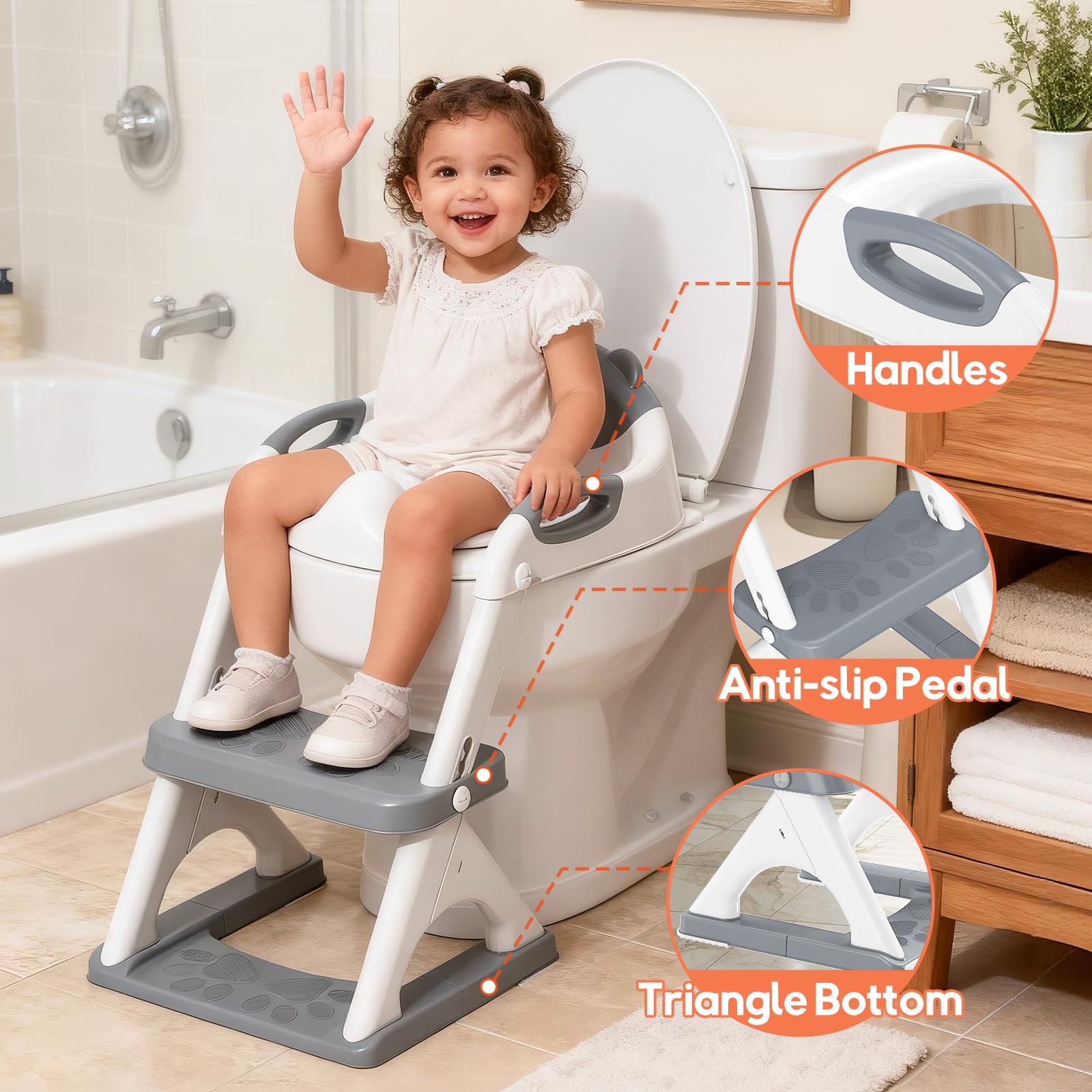 SKYROKU - Riduttore 2 in 1 per imparare a usare il WC, per bambini, regolabile, con scaletta, cuscino antiscivolo, barriera paraschizzi e gradini larghi, supporta oltre 90 kg, rosa
