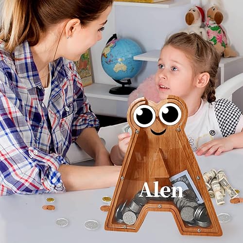 Miniatura 5 de Alcancía de madera, alcancía de letras personalizadas (9.1 pulgadas, grabado láser), caja de dinero de madera, alcancía de regalo para niños, regalo