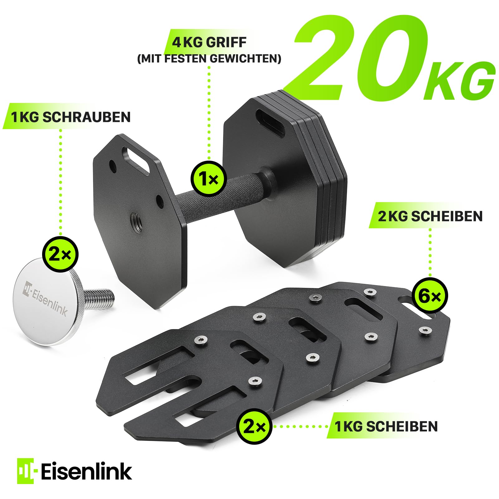 Eisenlink Adjustable Dumbbell Set 20kg - Octagonal Dumbbell Set