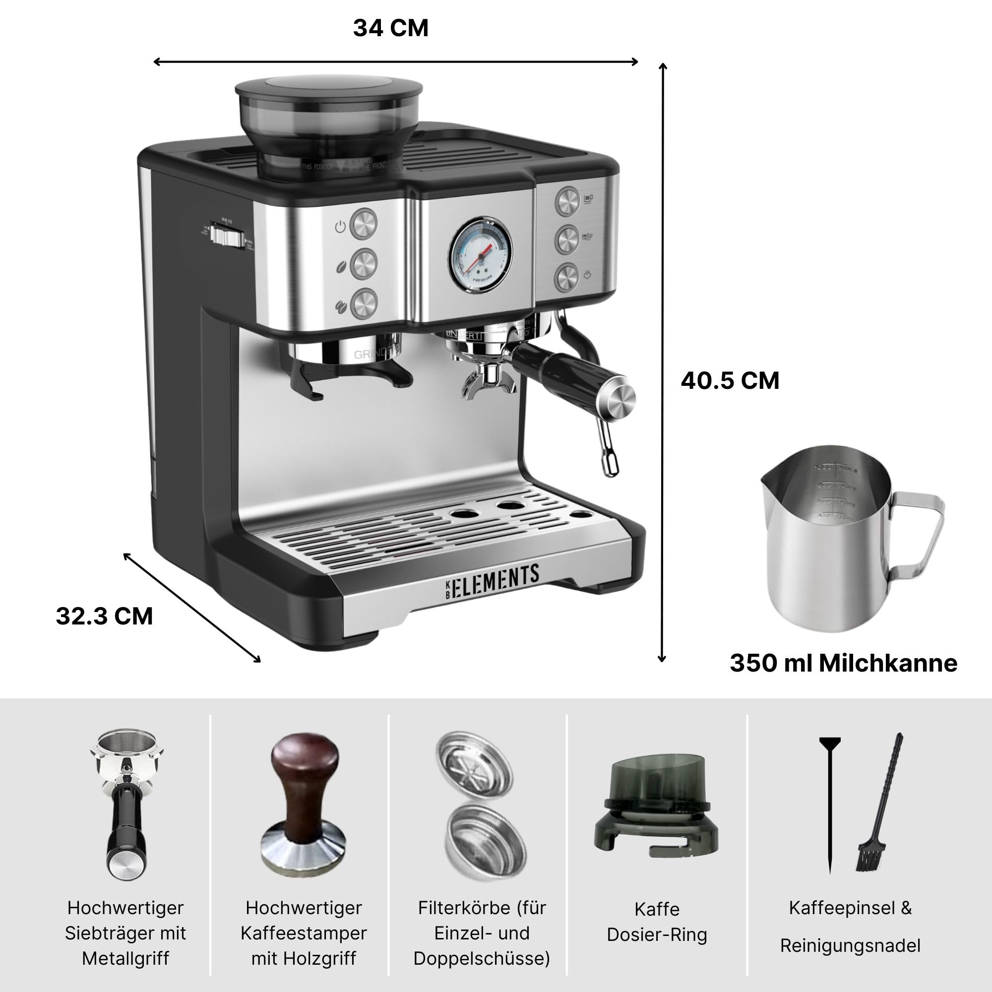 KB-ELEMENTS - Macchina per caffè espresso con macinino integrato, 20 bar, macinino professionale, serbatoio dell'acqua da 2,6 l, testa di estrazione da 58 mm, argento