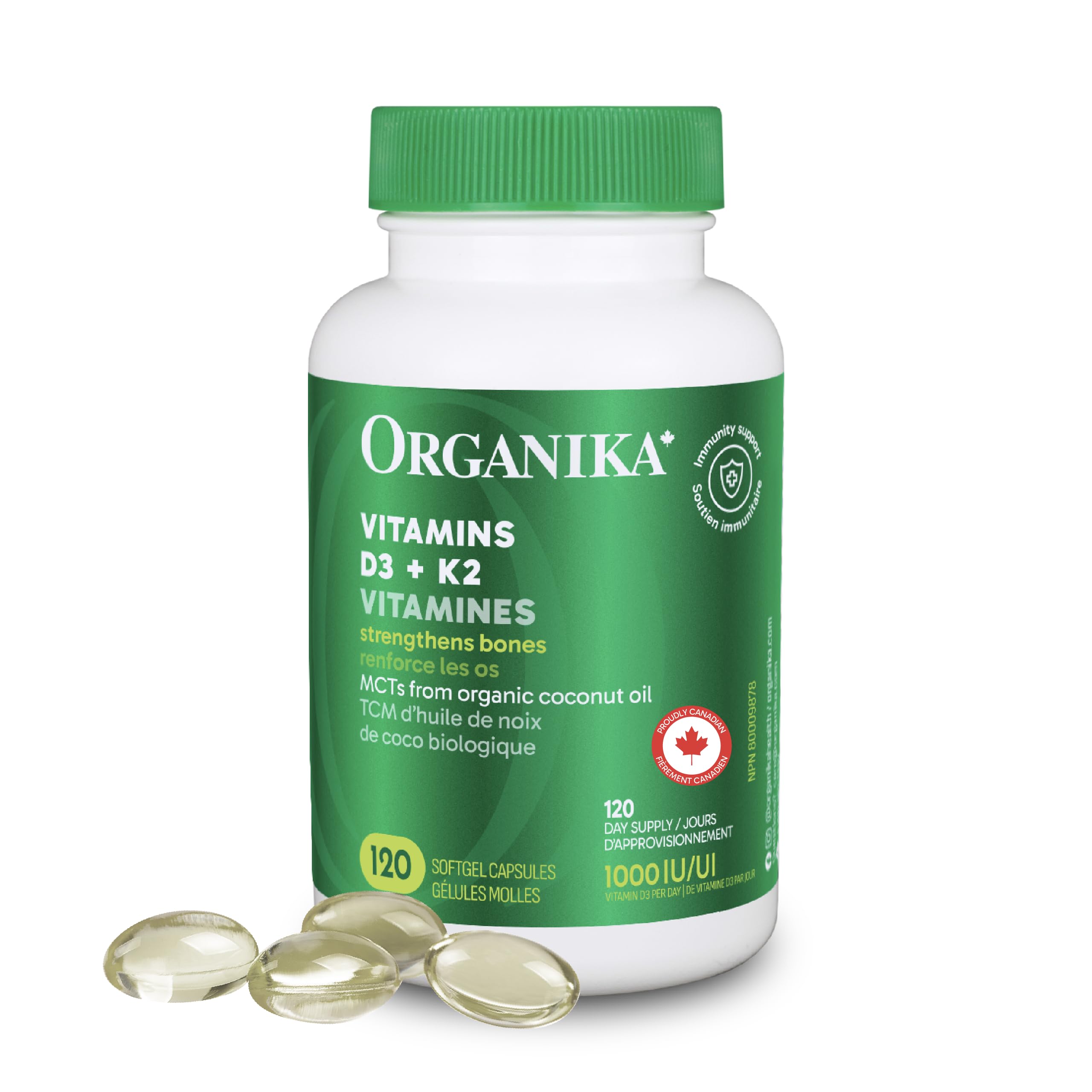 Organika Vitamin D3 + K2 (MK7)- 1000IU D3 and 120mcg K2 per capsule- High Potency, Supports Healthy Immune Function and Bones + Teeth- 120sftgl