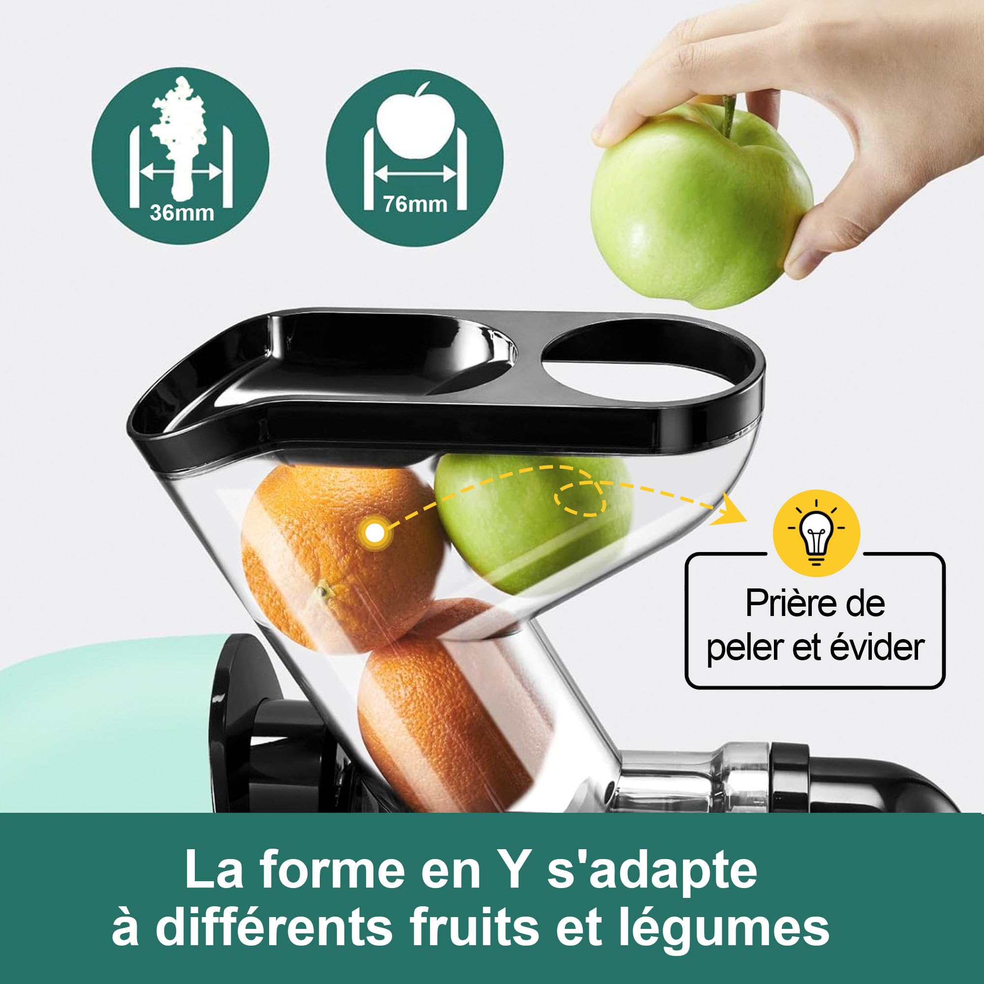 Fretta Extracteur de Jus à Pression à Froid, Goulotte 76 mm, Presse-agrumes sans BPA, Bleu Clair