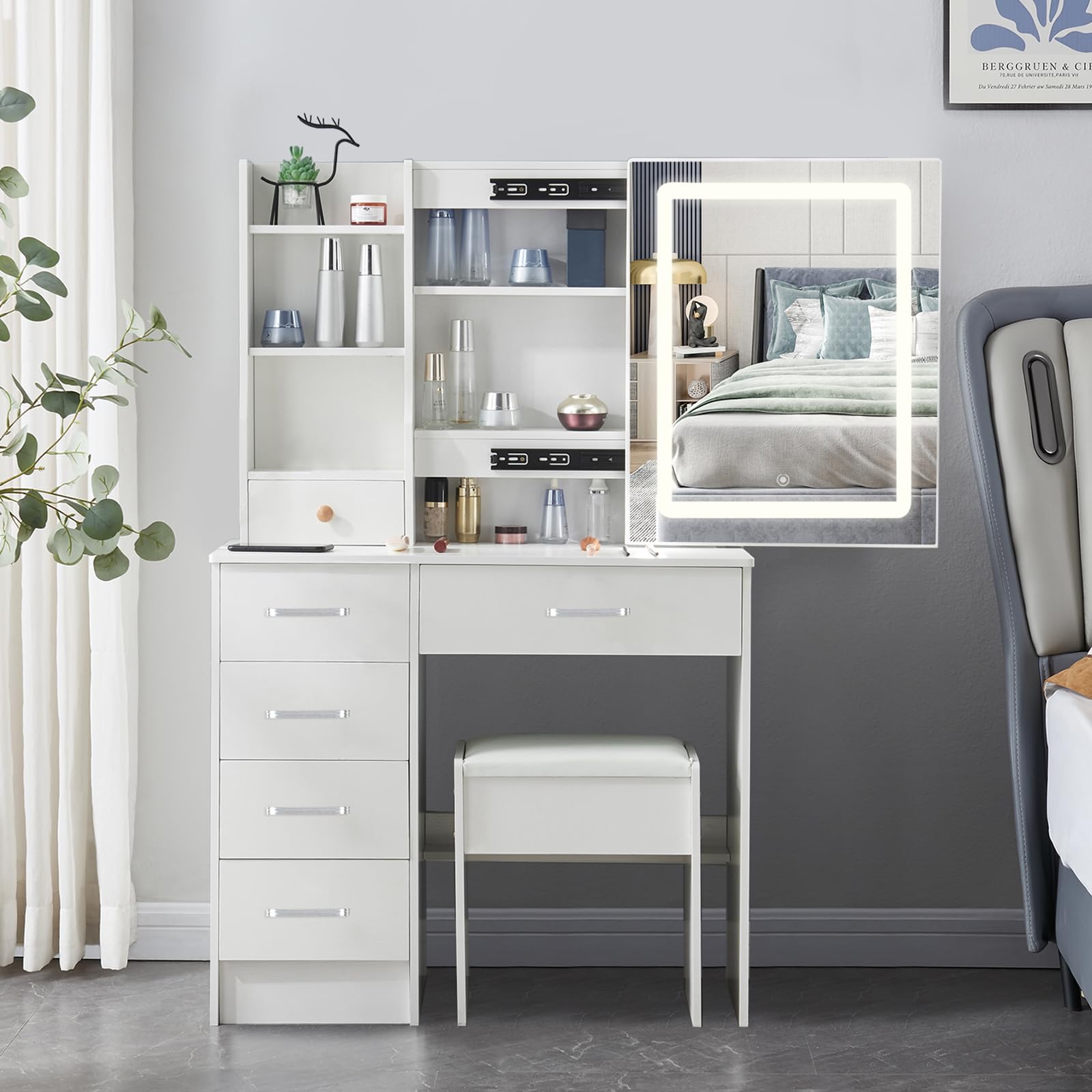 Vanity Desk with Sliding Mirror and Adjustable Lights, Makeup Vanity with Drawers and Chair, White Dressing Desk for Girls