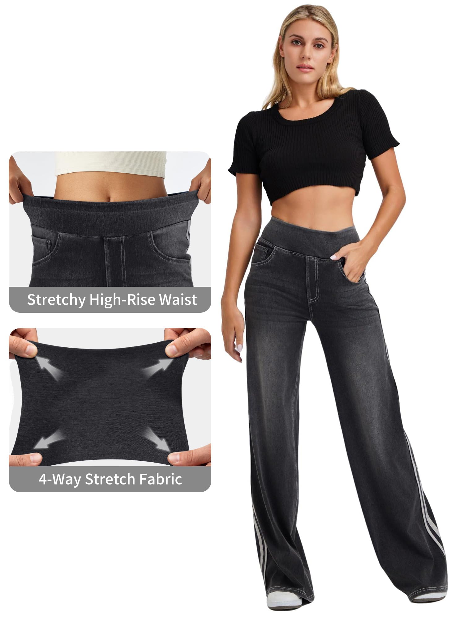 LaiEr Jeans a Gamba Larga Donne,Design Unico a Blocchi di Colore,Vita Alta con Controllo del Ventre,Fit Sviluppato Adatti per Pantaloni di Jeans Baggy con Alta Elasticità