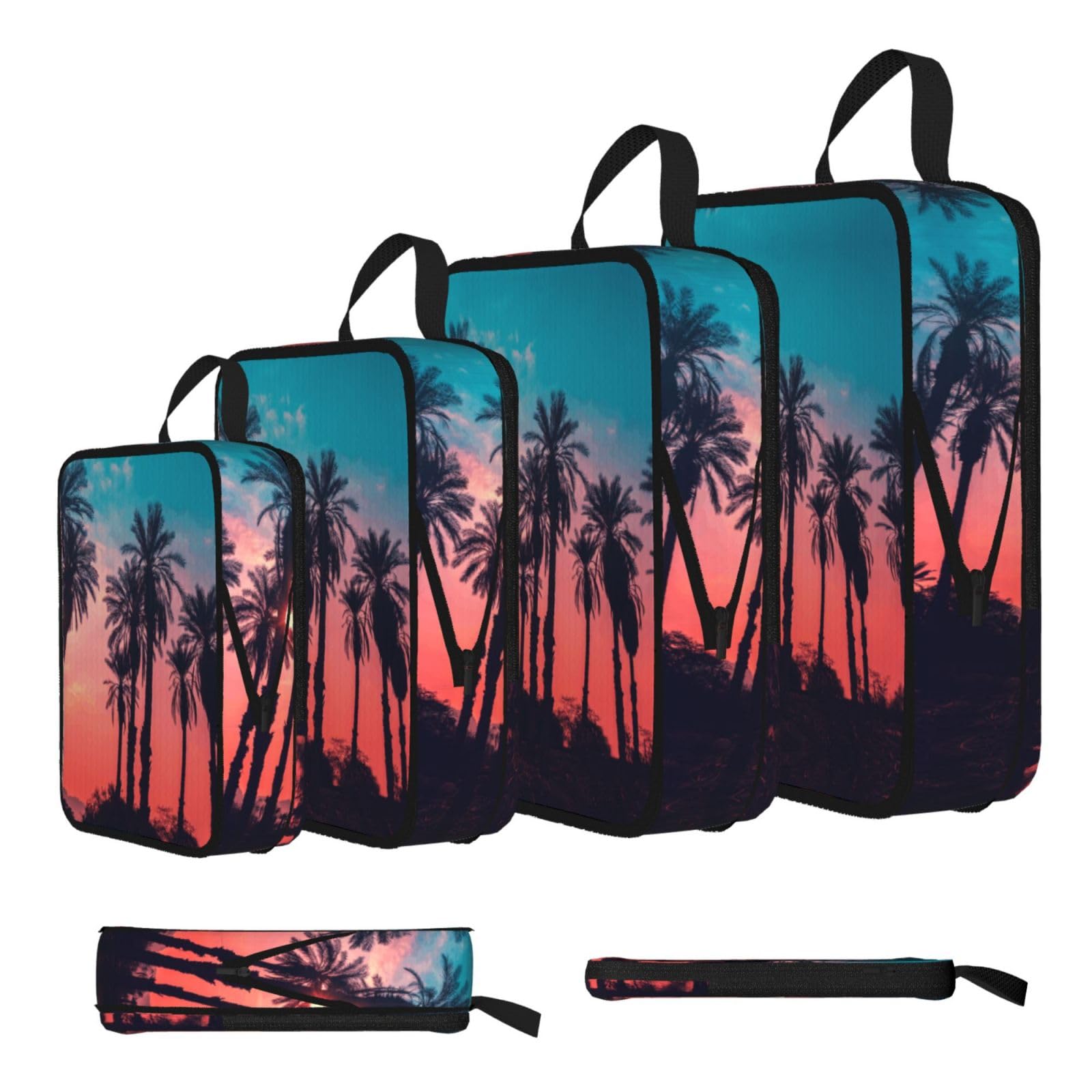 Esnaiuvcd Black Palm Tree Sunset Print 4 Set Compression Packing Cubes For Suitcases,Expandable Storage Bags Organizers