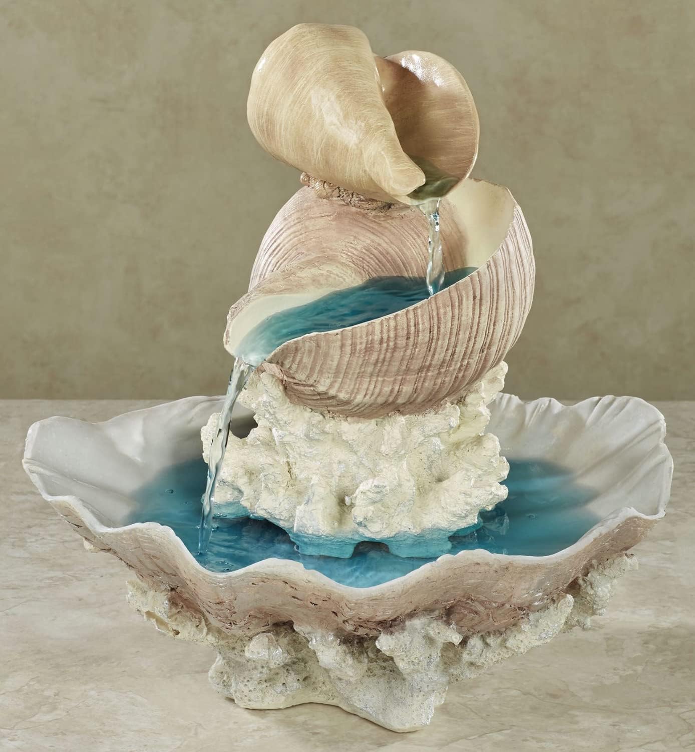 Touch of Class Shell Island Coastal Tabletop Water Fountain - Resin - Natural Seashell & Resin Colors - Soothing Sounds for Bedroom, Dining Room, Living Room, Office, Bathroom