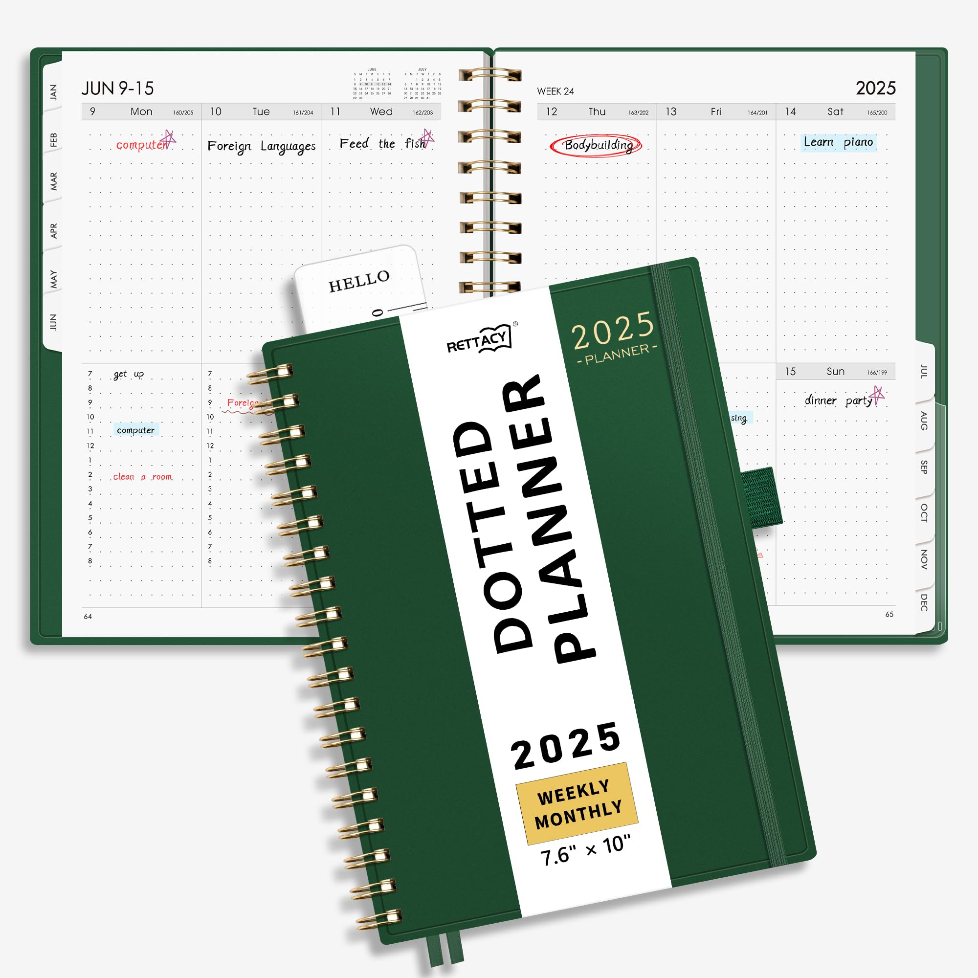 RETTACY 2025 Planner, Bullet Dotted Journal Style, Weekly and Monthly Planner, Jan 2025 - Dec 2025, Medium 7.6" × 10", 2025 Calendar, 12-Monthly Tabs, Flexible Plastic Cover (Dark Green)