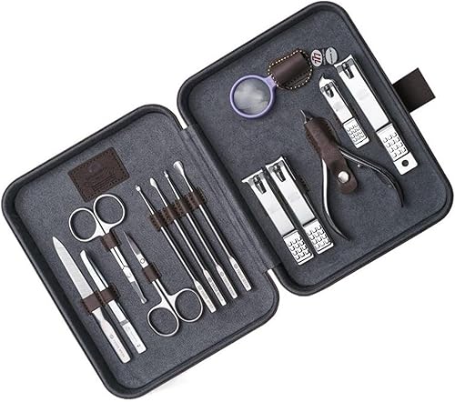 Miniatura 1 de LUNIZ Juego de manicura con lupa, juego de manicura profesional y pedicura, juego de 14 piezas de cuidado de uñas de viaje con estuche de piel