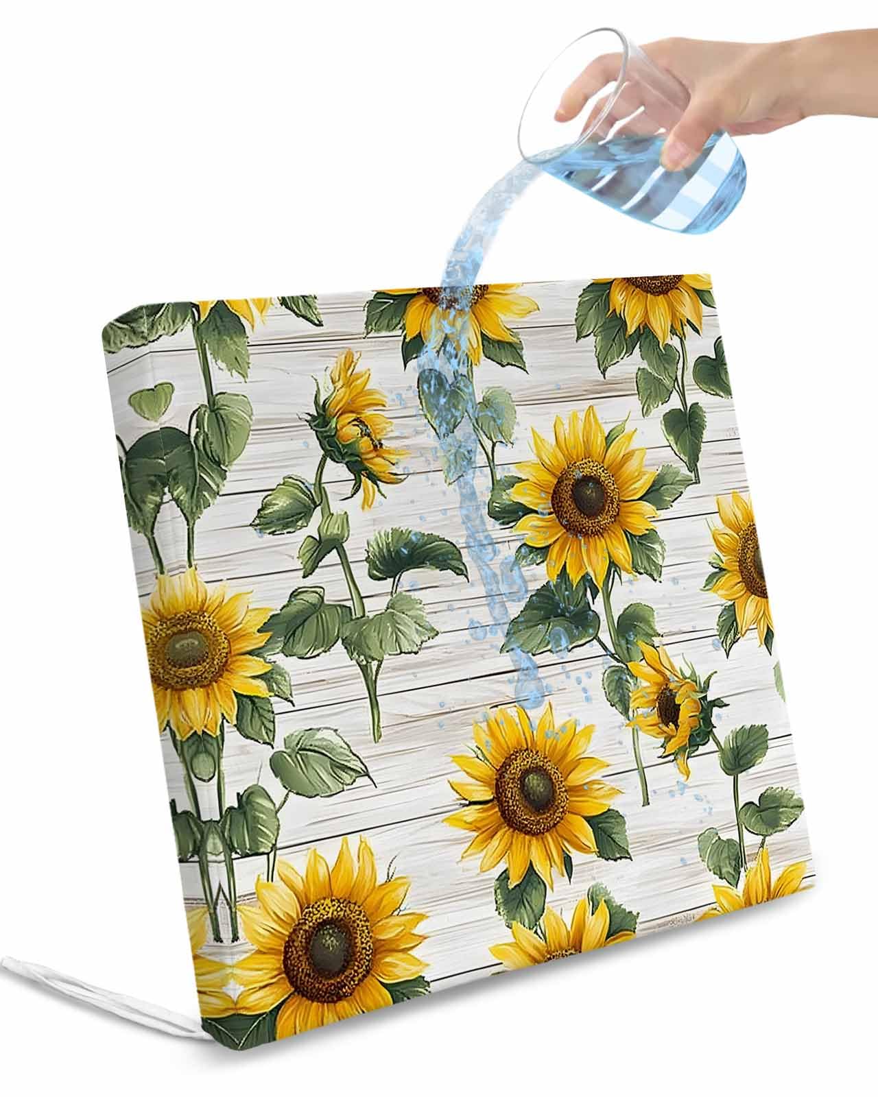 2 Pack Yellow Sunflowers Waterproof Cushion Covers with Ties, Outdoor Patio Chaise Lounge Chair Seat Cushion Slip Covers Replacement(Only Cover) Farmhouse Pastoral Wooden Plank Art 22
