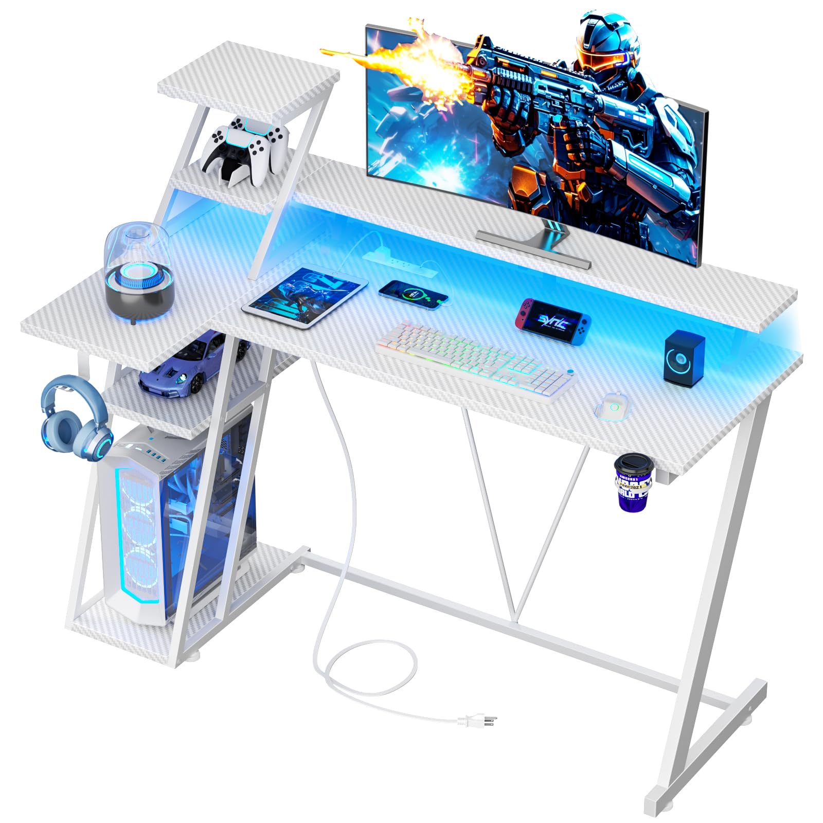 47 Inch White Gaming Desk with LED Lights & Power Outlet, L Shaped Gaming Table with Storage Shelves, Gamer Workstations with Monitor Stand for Bedroom