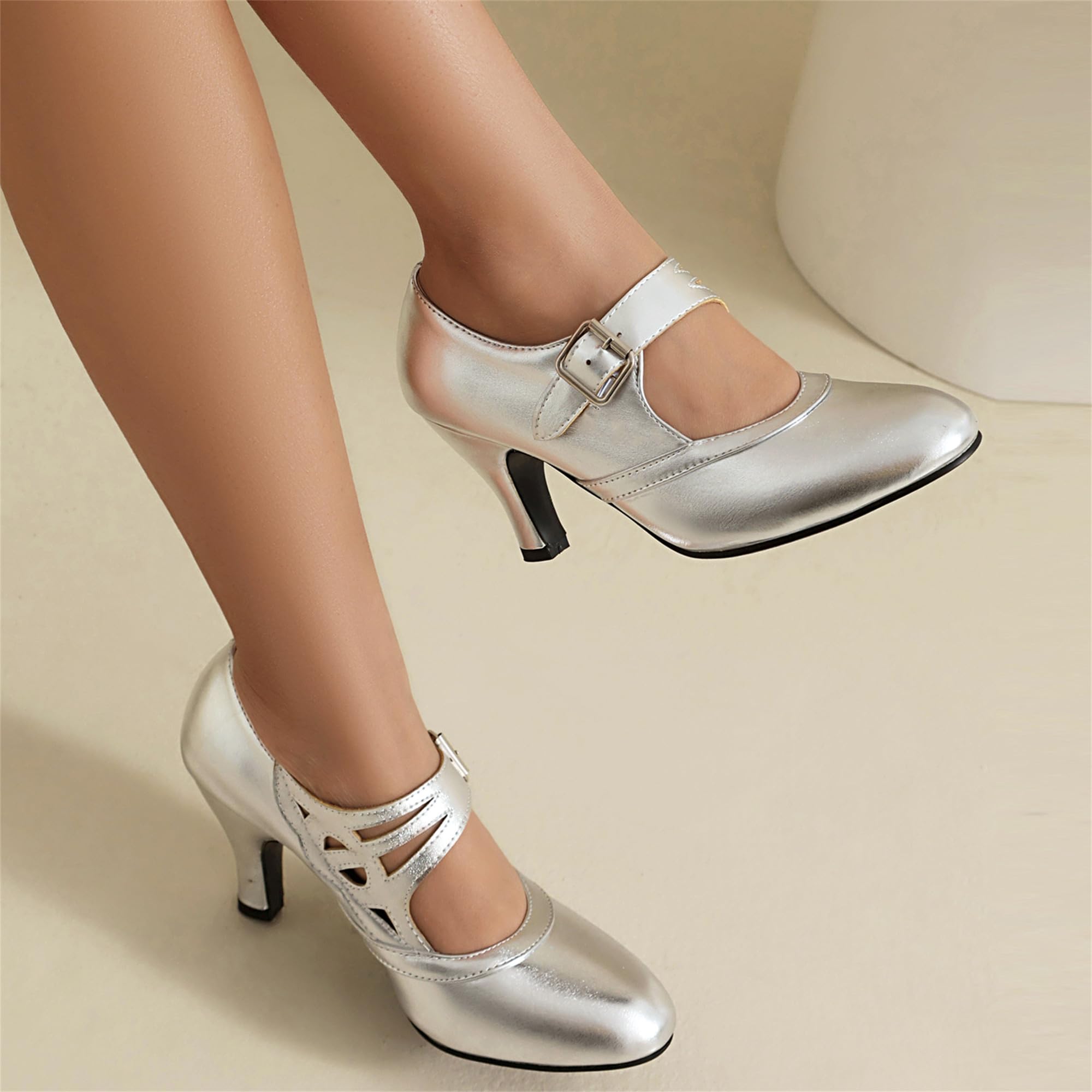 elerhythm Scarpe da donna Mary Jane Rockability Close punta rotonda vintage anni '50 Gatsby tacchi retrò anni '20 vittoriana décolleté