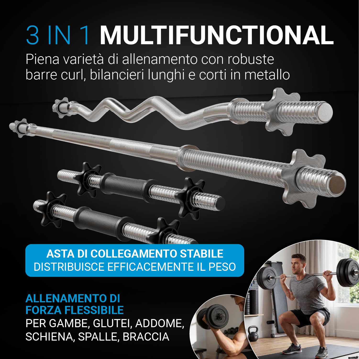 ArtSport set di manubri corti 3in1 con 2 manubri, 1 bilanciere e 1 manubrio Curl SZ - 12 pesi da 60kg e serrature a stella| Set di manubri per l'allenamento muscolare