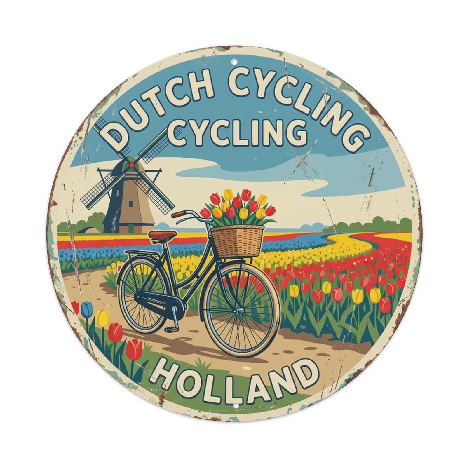 Vintage Travel Bicycle Culture Netherlands Metal Tin Sign Plaque Wall Decor for Cafe, Club, Garden Round Metal Poster 8x8Inch