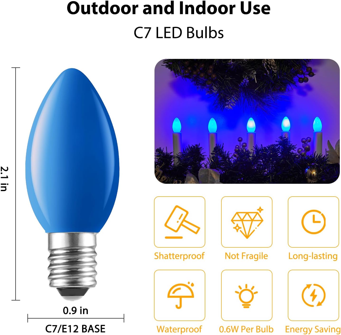25 Pack C7 Led Christmas Lights Bulb, C7 Replacement LED Christmas Lights Outdoor Bulb, C7 Shatterproof Led Bulb for Christmas String Lights, E12 Base, Commercial Grade Blue Bulbs