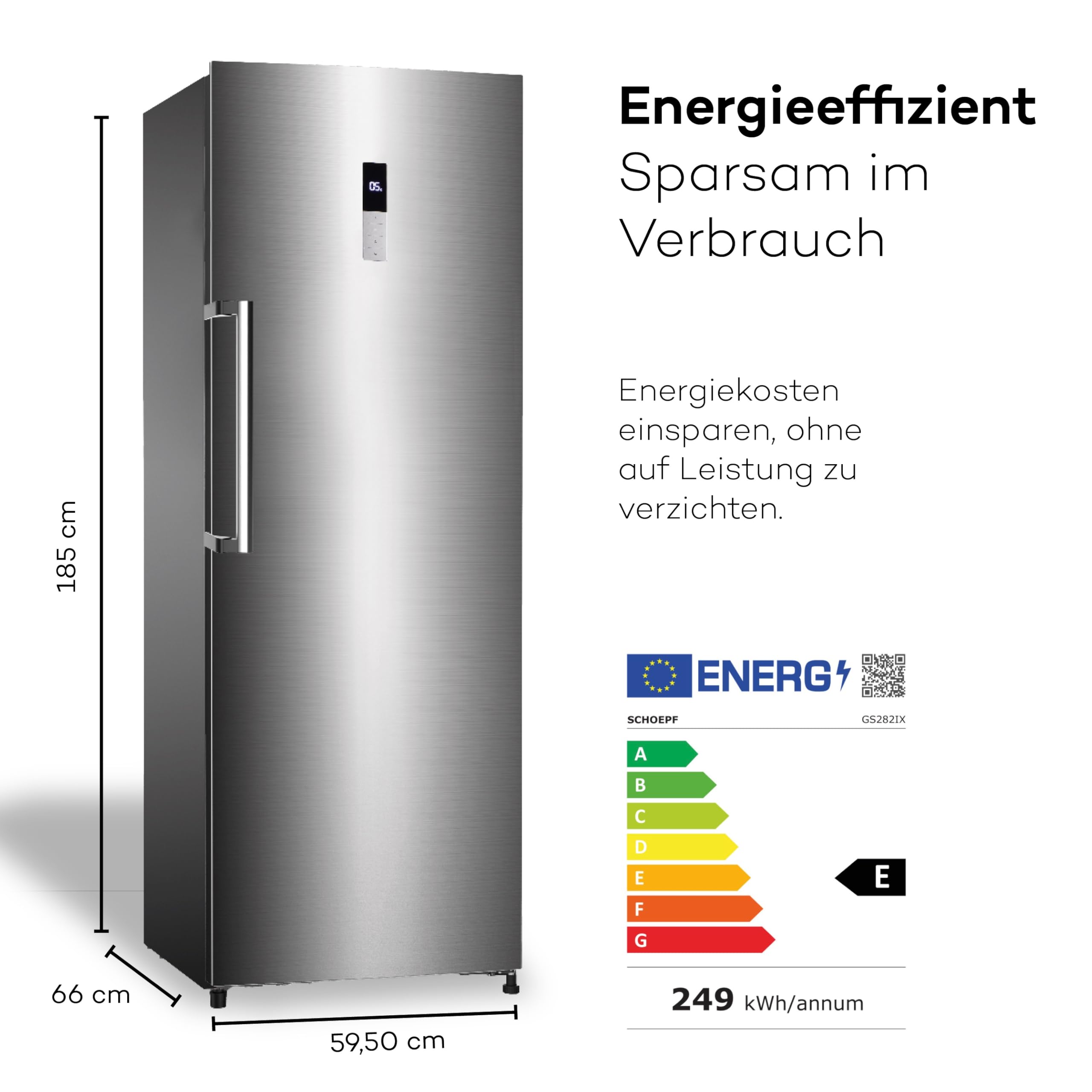 SCHOEPF – GS282IX Gefrierschrank 185 cm – Edelstahl – 282 L – No-Frost Technologie – Schnellgefrierfunktion – 42 dB – höhenverstellbare Füße – Energieeffizient – 249 kWh/Jahr