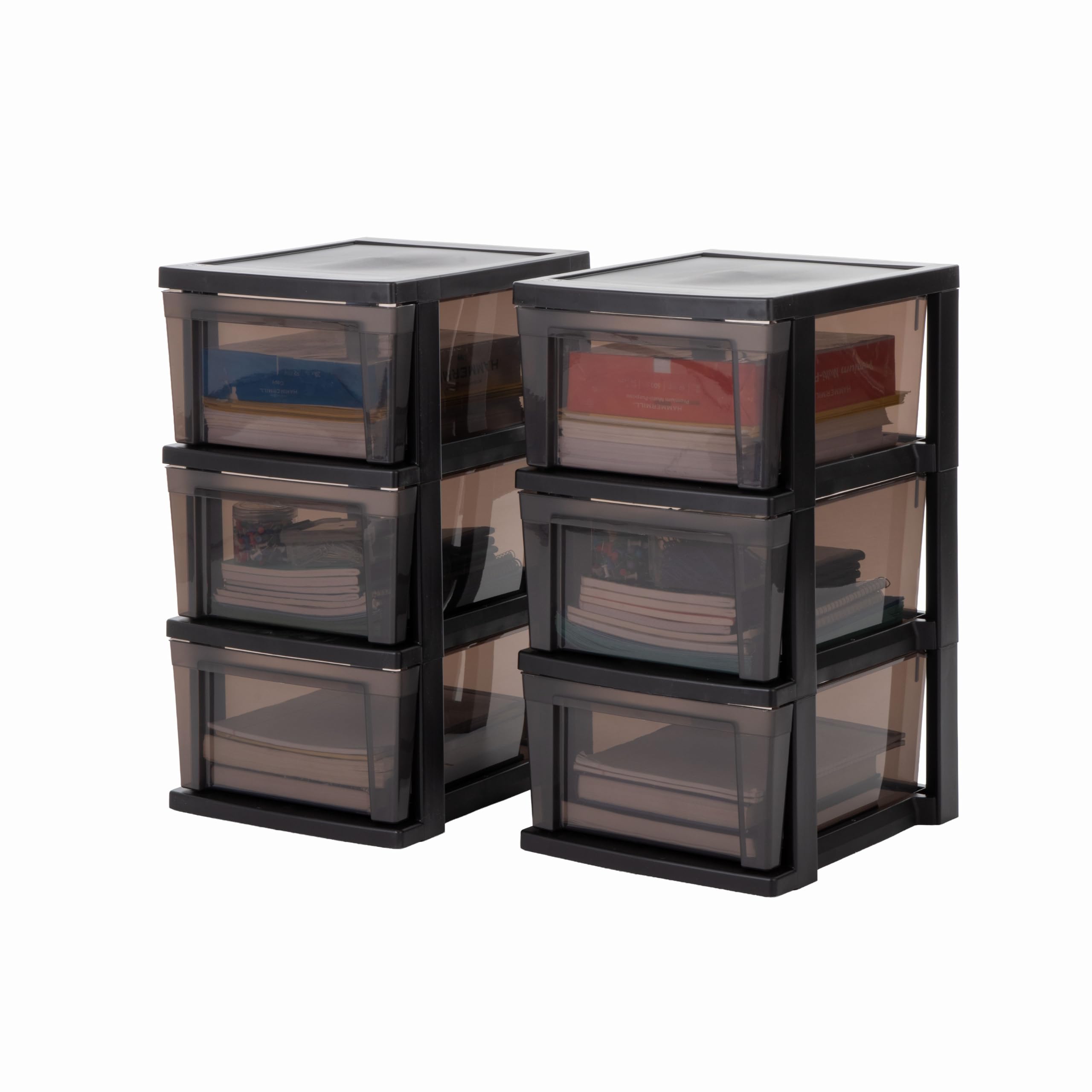 IRIS USA Plastic Drawer Storage Organizer, 3-Drawers, 2-Pack, for Classroom Art Craft Supplies, Bathroom Bedroom, Laundry Room, Black/Gray