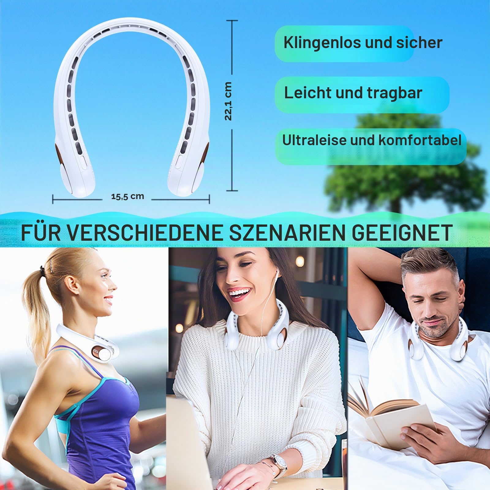 KIDEE Nackenventilator, Halsventilator 360° Luftstrom, Tragbarer Neck Fan zum Umhängen, Ultraleise Mini Ventilator, 3 Geschwindigkeiten, 4000mAh Akku, USB Wiederaufladbar, Snowy