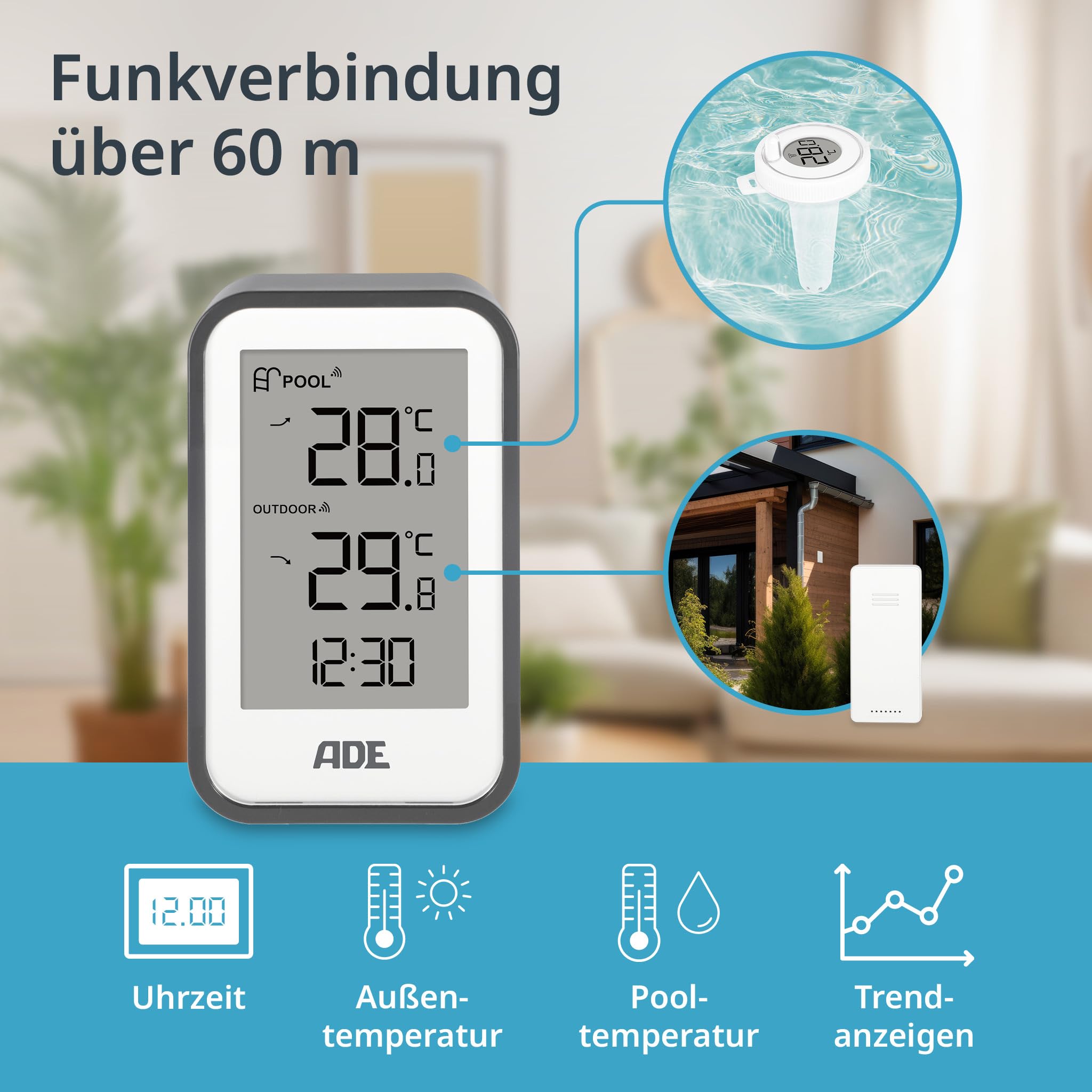 ADE Poolthermometer schwimmend | Pool Thermometer funk für Schwimmbad, Whirlpool, Badewanne, Teich | Wasserthermometer mit Außensensor | inkl. Batterien