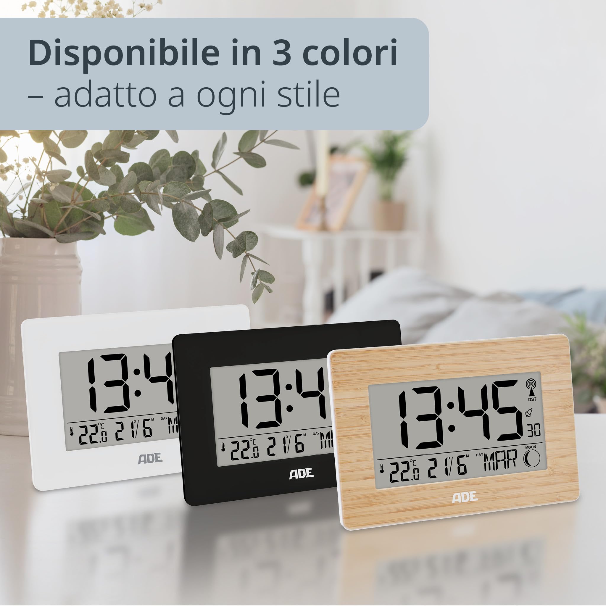 ADE Grande orologio digitale radiocontrollato con cifre XXL | orologio da tavolo e da parete con calendario | con termometro | sveglia radiocontrollata a batteria | nero