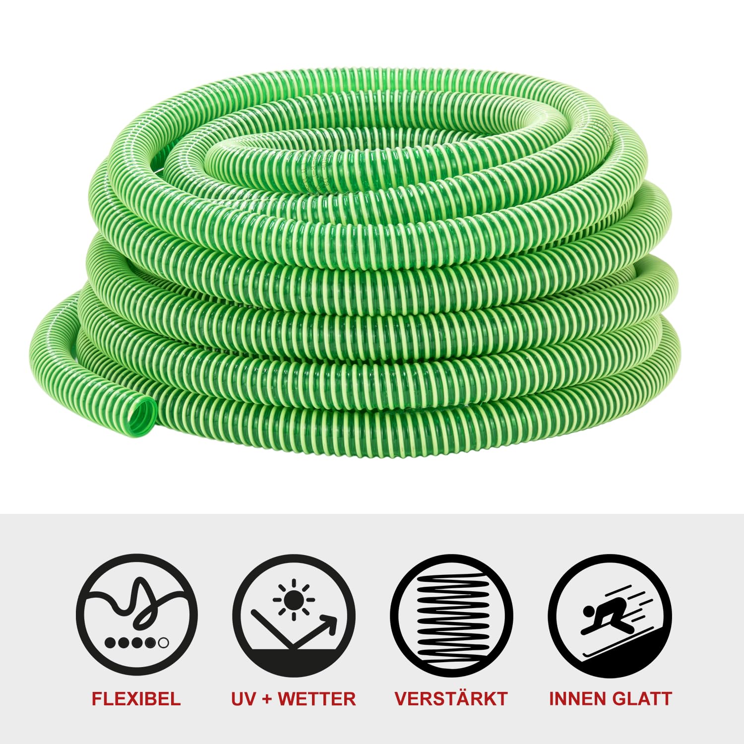 FLEXTUBE GR Ø 25mm (1 Zoll) Länge 40m PVC Schlauch, Spiralschlauch, Saugschlauch mit Hart PVC Spirale, grün transparent
