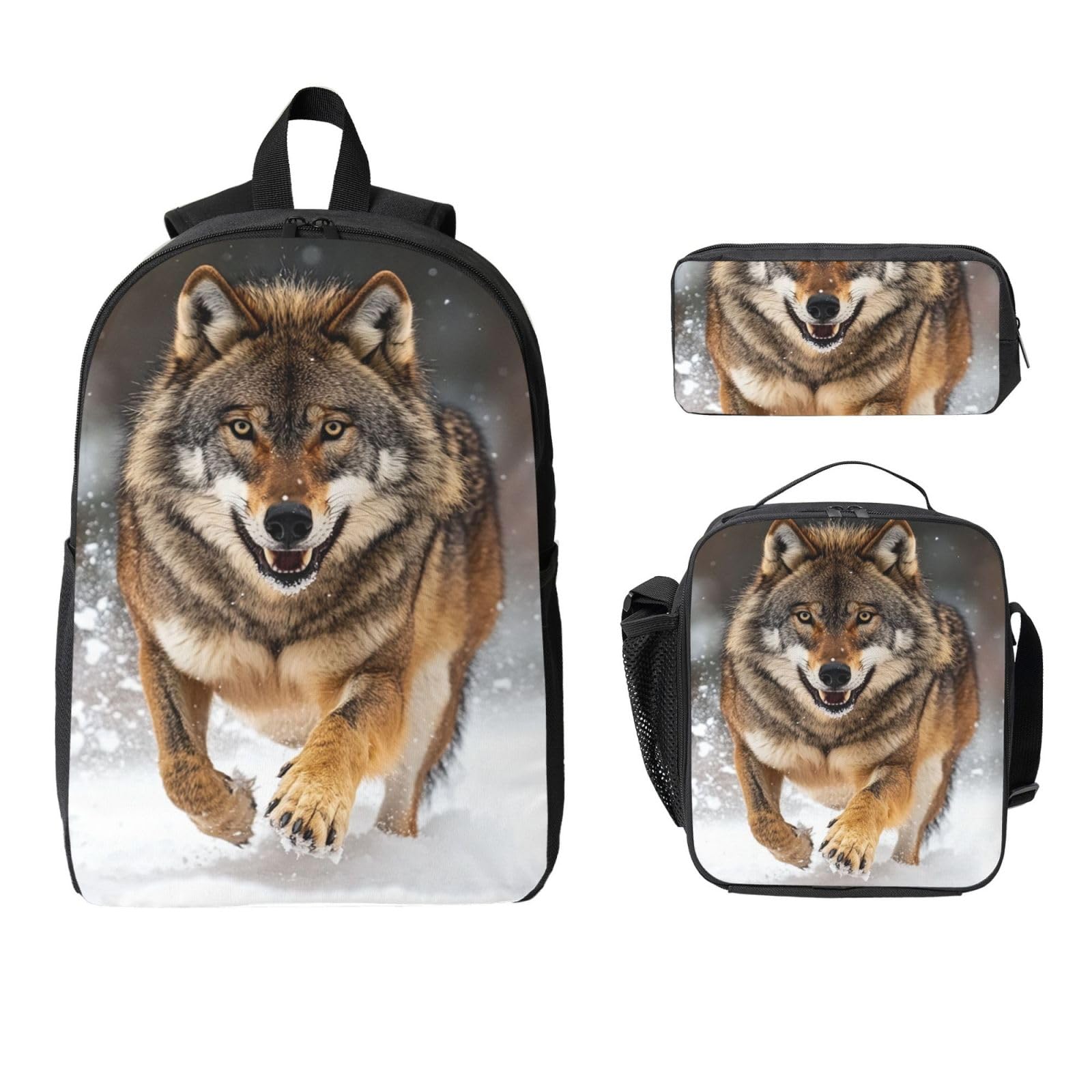 Zestaw plecaków Smart Wolf Print z torbą na lunch i piórnikiem | Minimalistyczny zestaw dla nastolatków, izolowana torba na artykuły pa, codzienne użytkowanie na zewnątrz