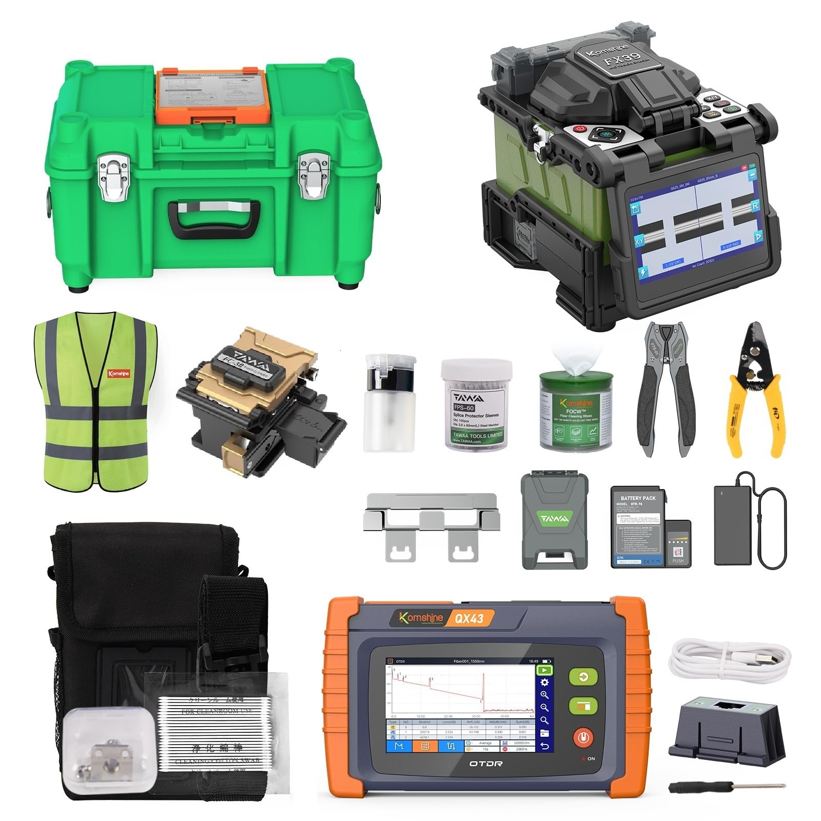 Fiber Fusion Splicer KOMSHINE FX39 Core Alignment Fast Splicing 8s Fast Heating 16s + 1310 1550nm 26 24dB Touch Screen OTDR Loss Accuracy 0.03dB w/OPM