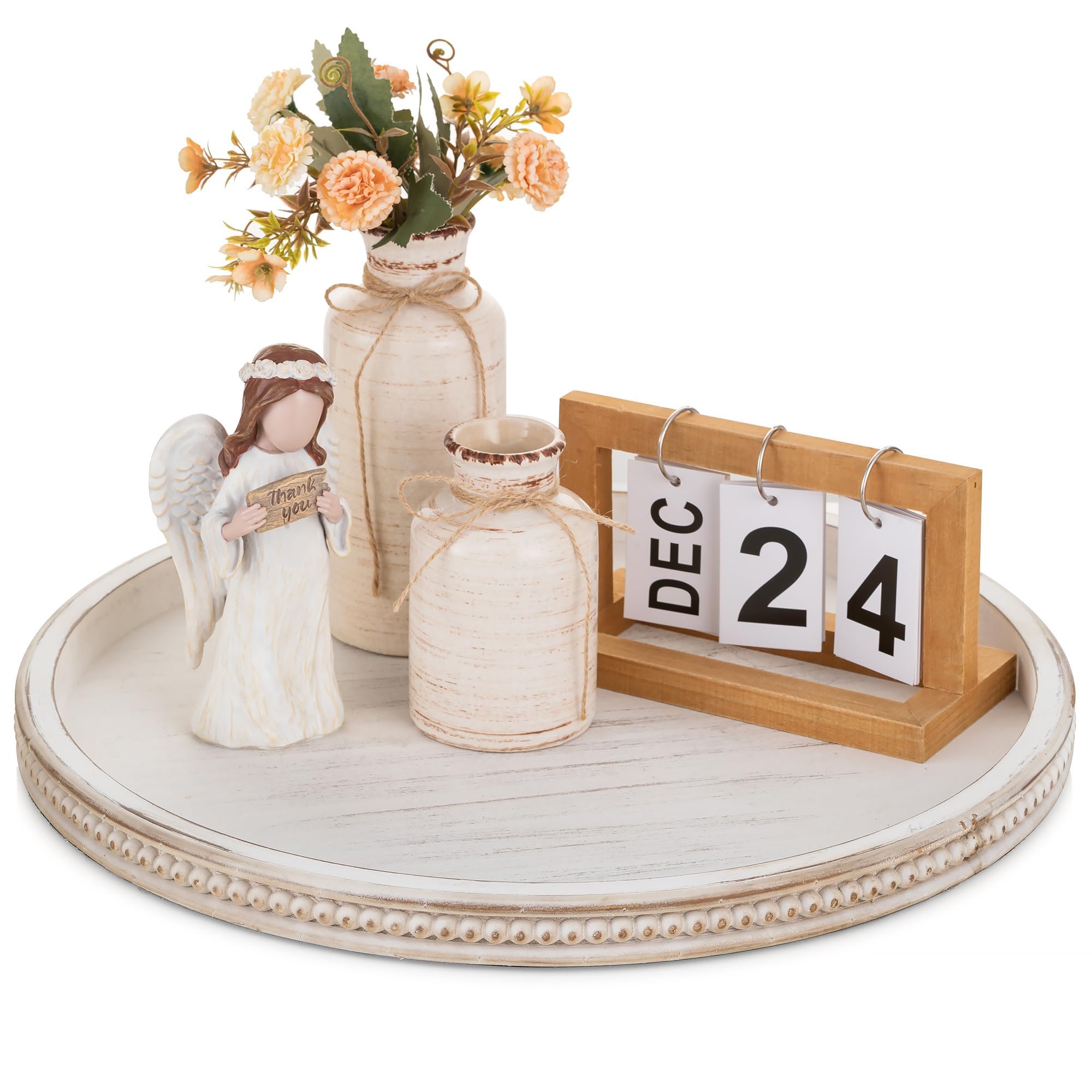 Hanobe Large Round Decorative Tray: White Coffee Table Beaded Tray Rustic Wood Trays Decor Farmhouse Ottoman Circle Tray Vintage Centerpiece Wooden Serving Trays for Living Room Home for Counter