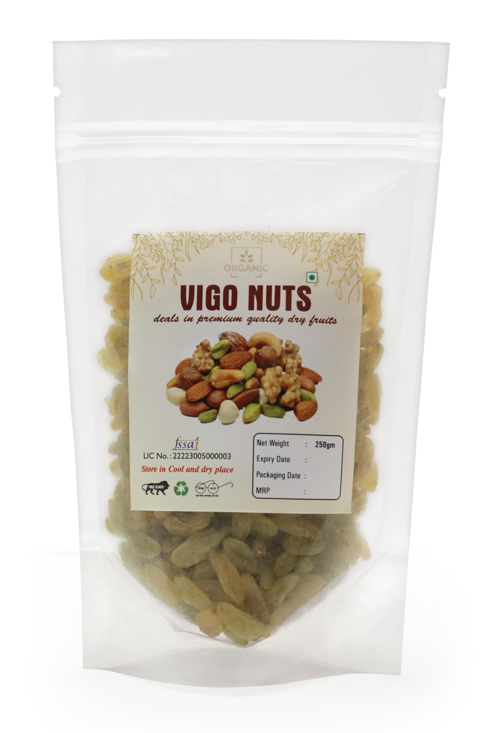 VIGO NUTS Premium Seedless Golden Raisins | Amazing Quality Green Kishmish |Nutritious Dried Grapes | Rich in Iron & Vitamin B | Healthy Sweet Treats (250 GM)
