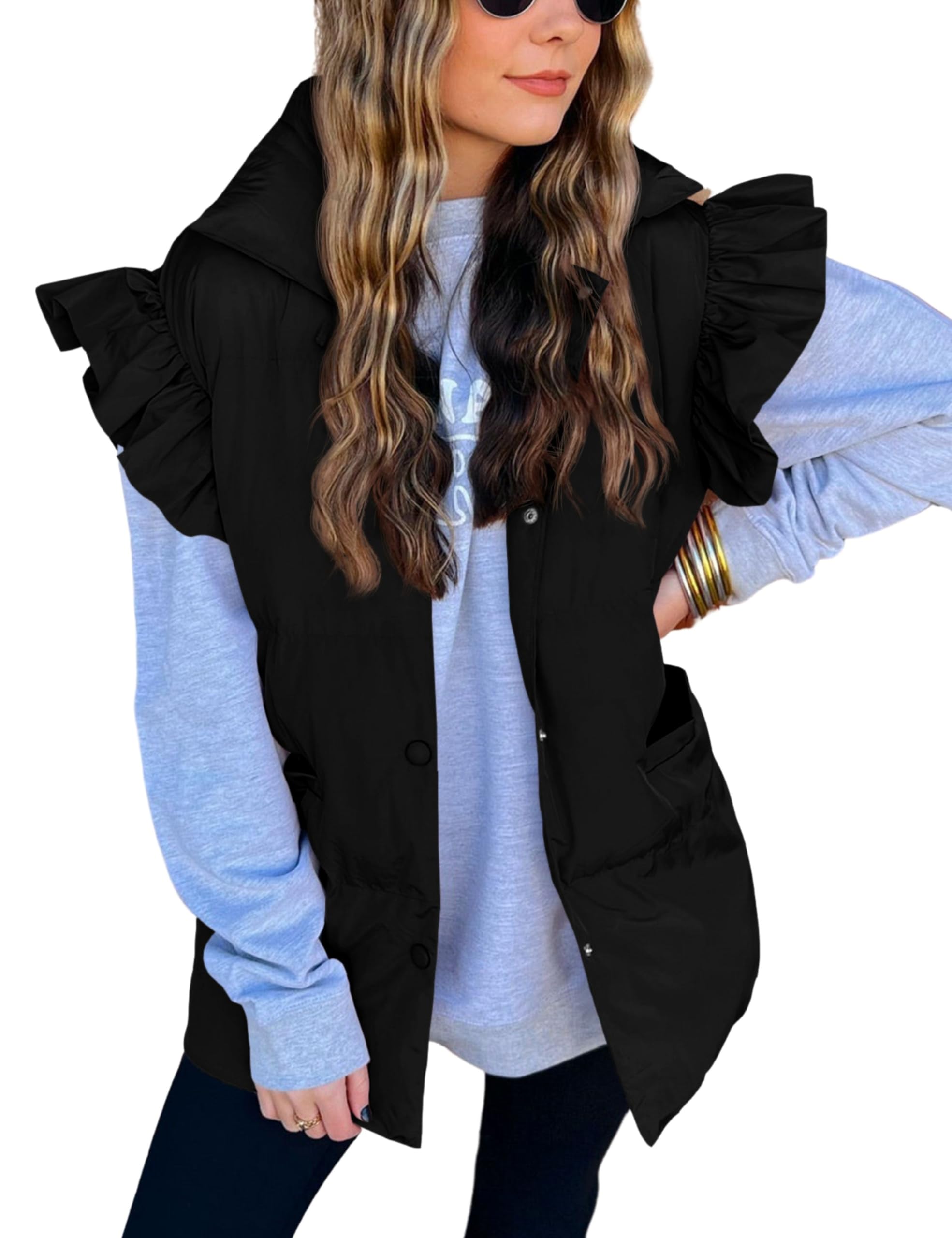 esmeling Women’s Winter Warm Ruffled Puffer Vest Lightweight Sleeveless Gilet Jacket-picture-23