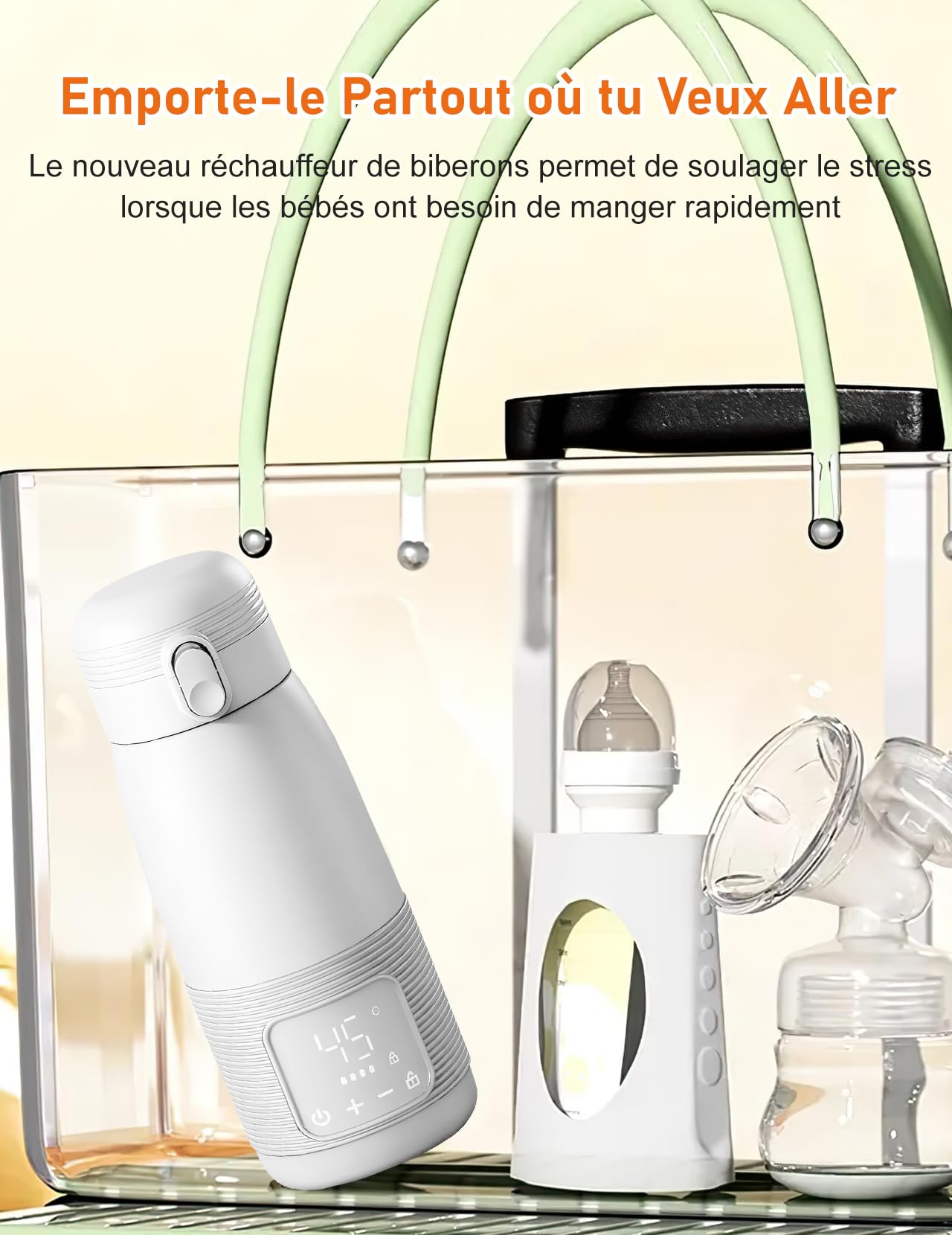 Chauffe-biberon Portable, 500ml Chauffe-biberon Bébé en Déplacement | Contrôle Précis de la Température 37 à 55 Degrés Réglable pour le Voyage Alimentation de Nuit