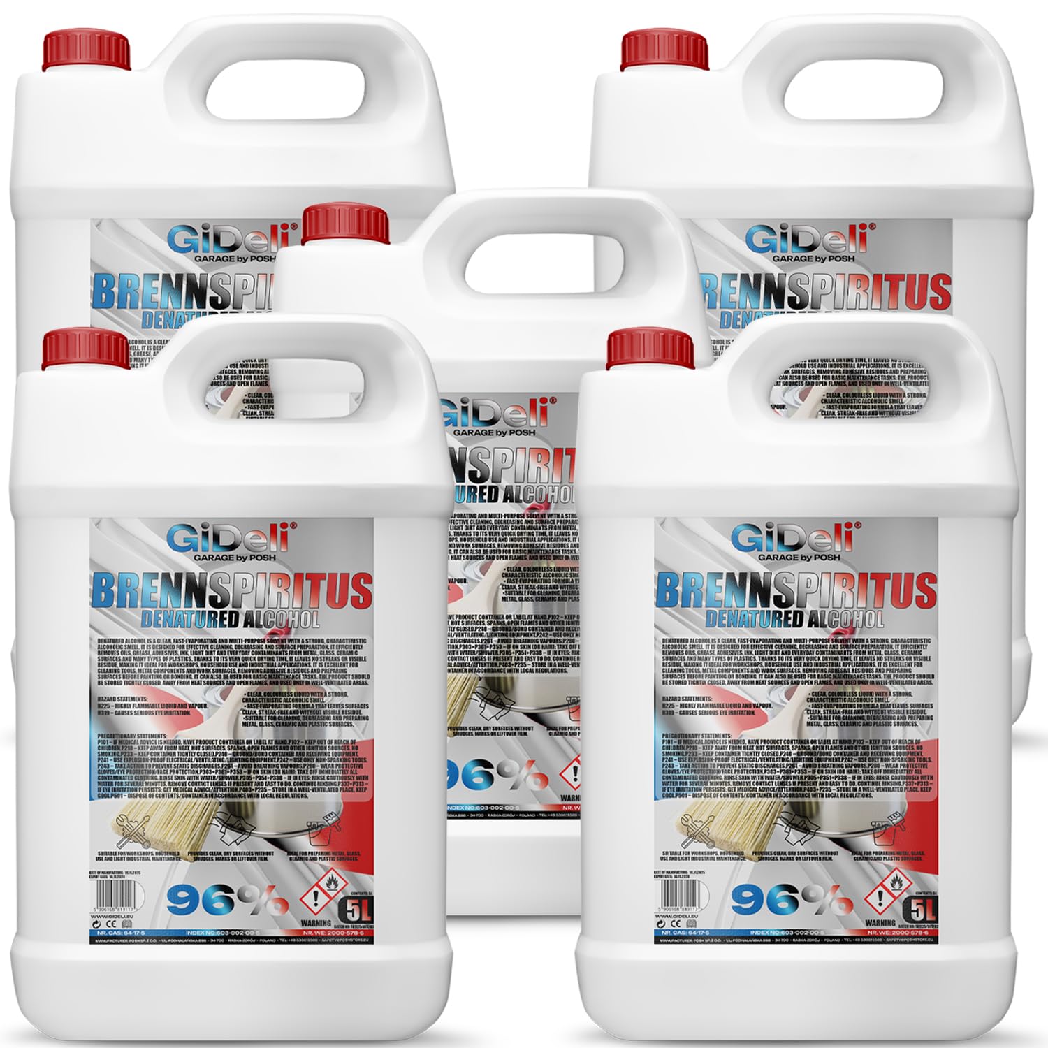 GiDeli Alcool di combustione, incolore, 5 x 5 l, versatile alcool per casa, officina e giardino, per pulire, sgrassare e accendere, senza lasciare residui e prestazioni
