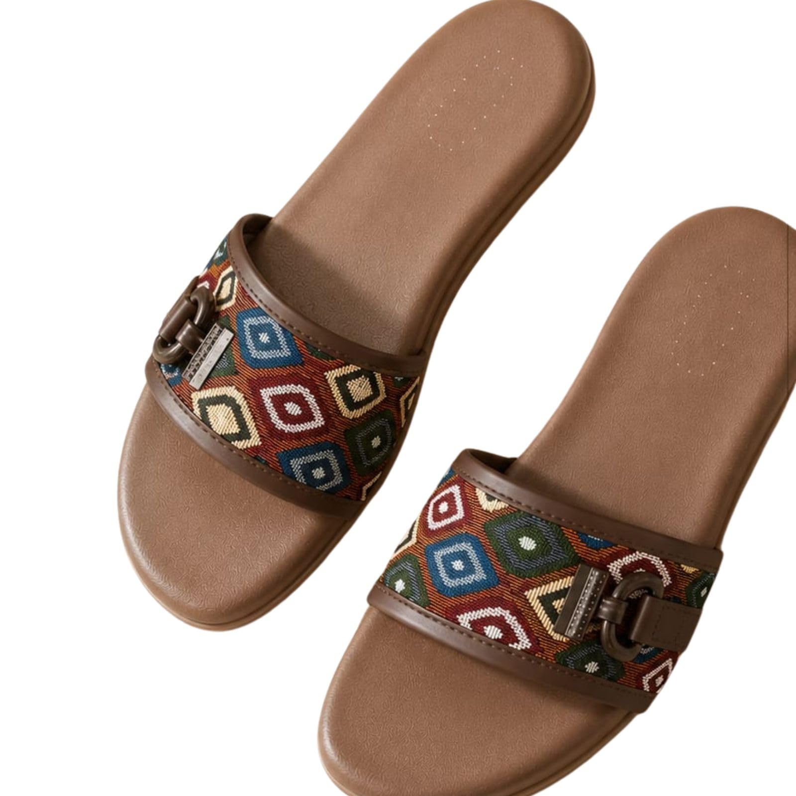 Women Brown Slide Sandals with Buckle | Casual Open Toe Flats-image-31