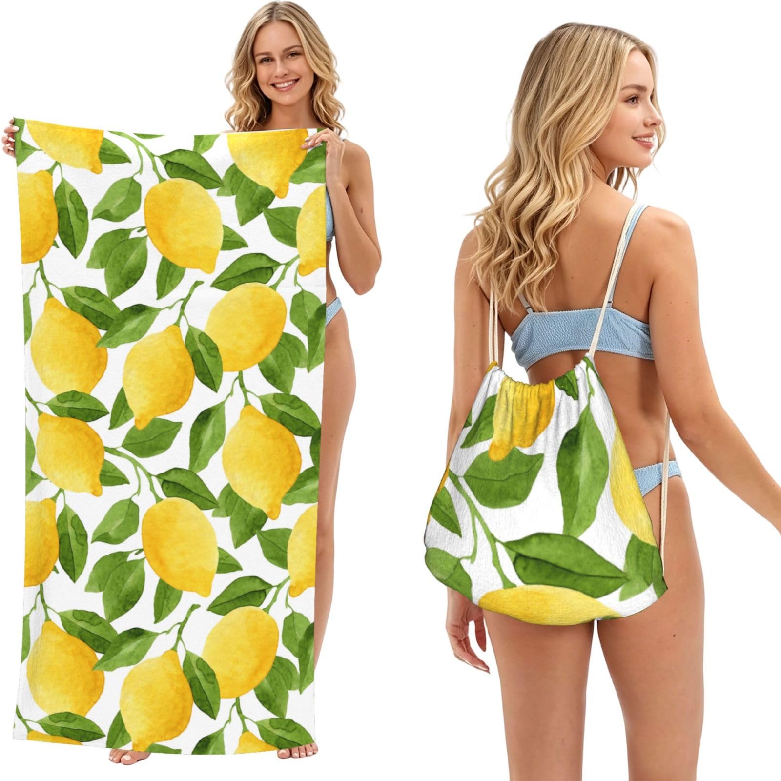Poadnly As Picture Bright Yellow Watercolor Lemons, 2 In 1 Packable Towel Bag, Beach Towels With Drawstring Backpack For Travel Holiday Camping